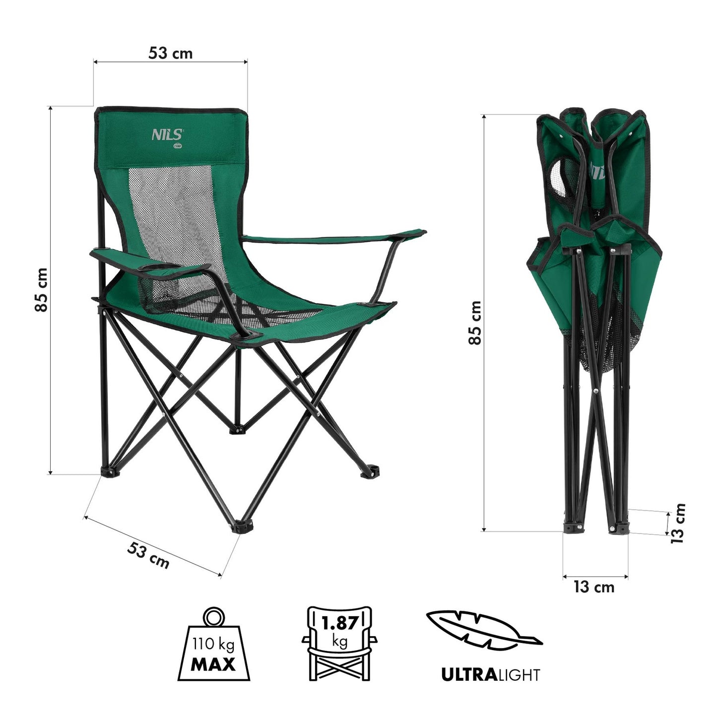 Tourist Chair, Green-Black, Foldable Camping Seat