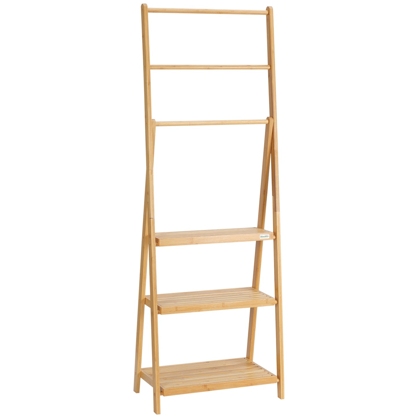 Foldable bamboo towel rack with 3 bars and shelves