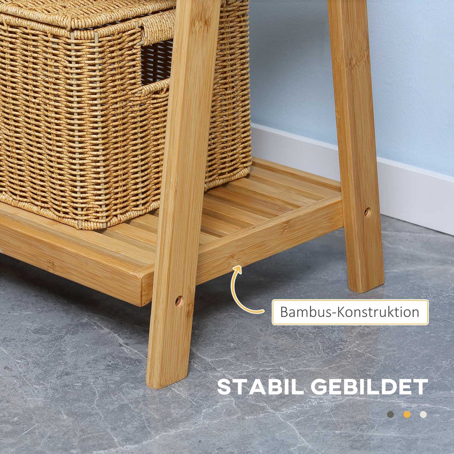 Foldable bamboo towel rack with 3 bars and shelves