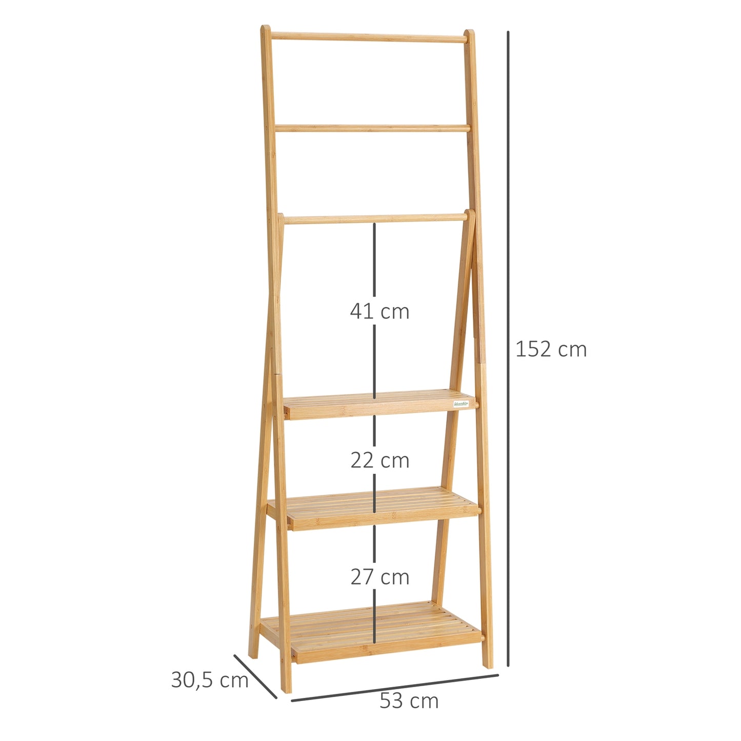 Foldable bamboo towel rack with 3 bars and shelves