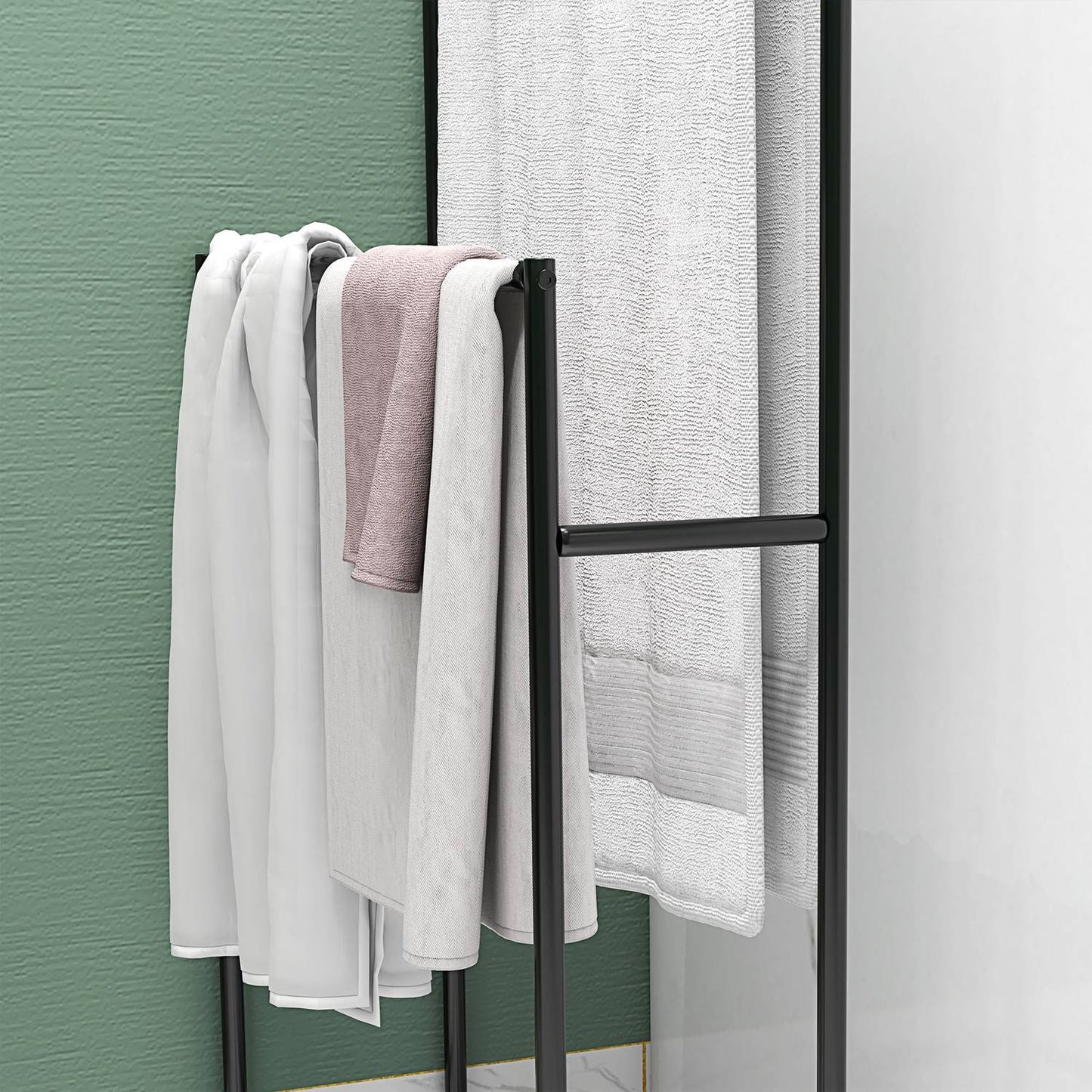 Freestanding towel rack in black metal, 2 rails, bathroom