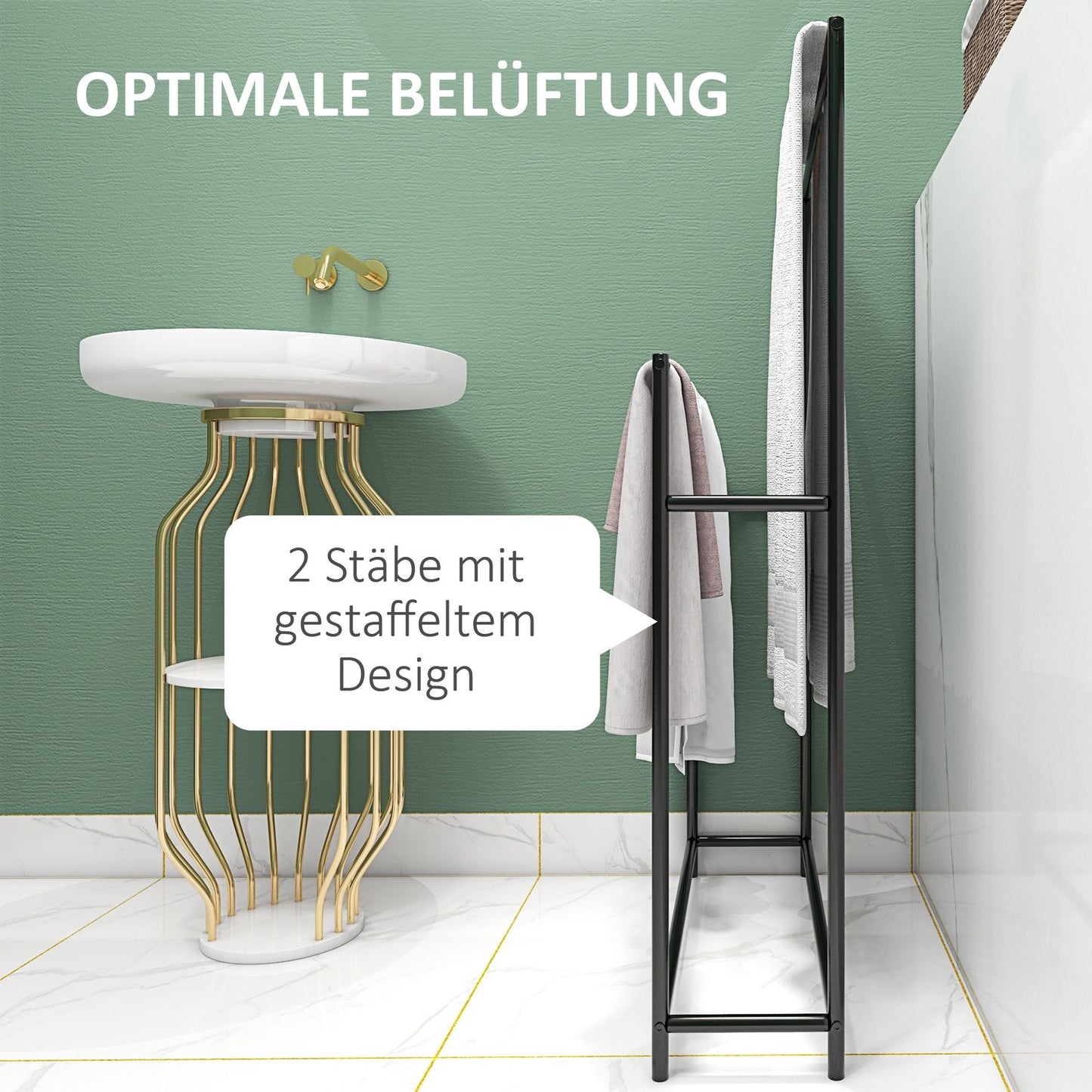 Freestanding towel rack in black metal, 2 rails, bathroom