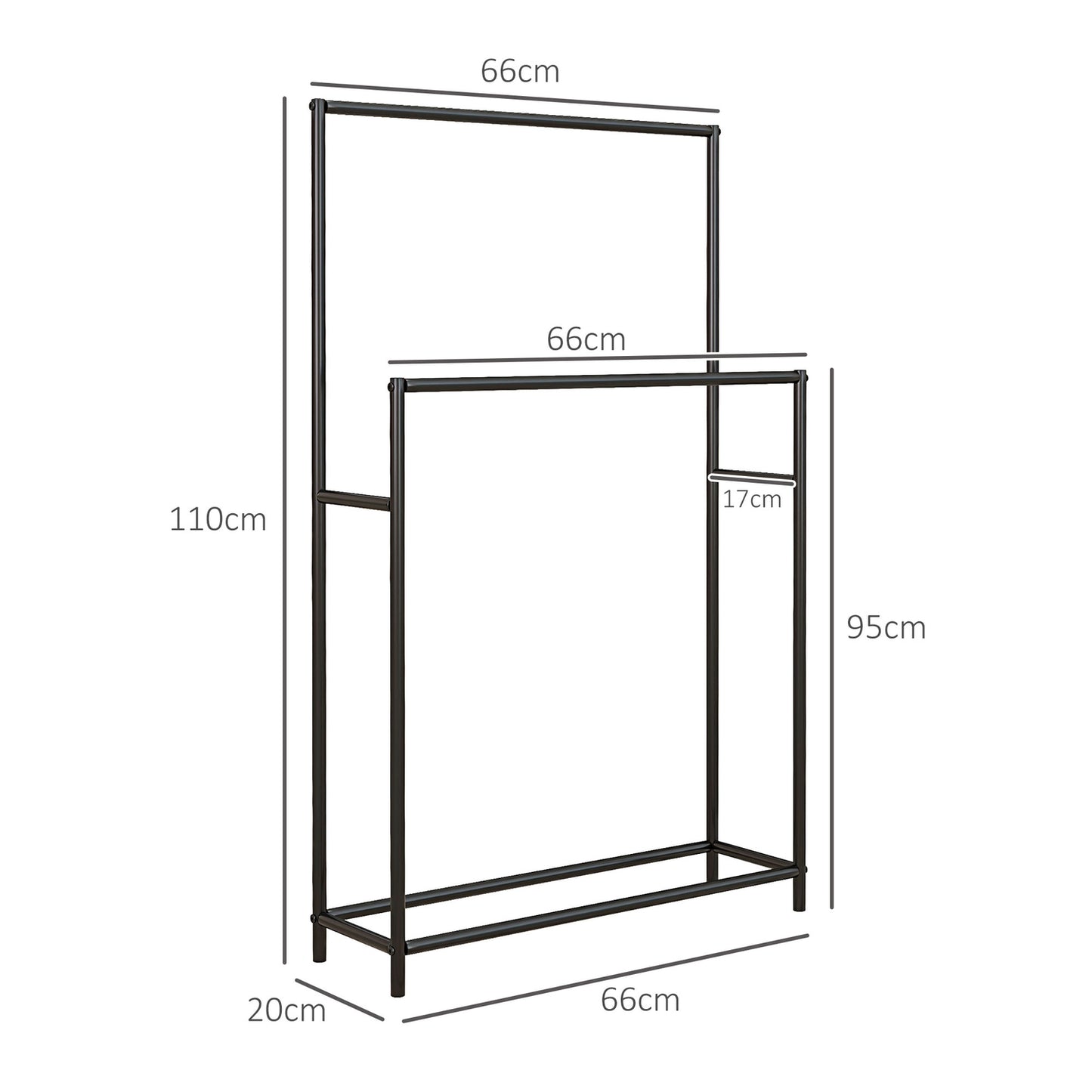 Freestanding towel rack in black metal, 2 rails, bathroom