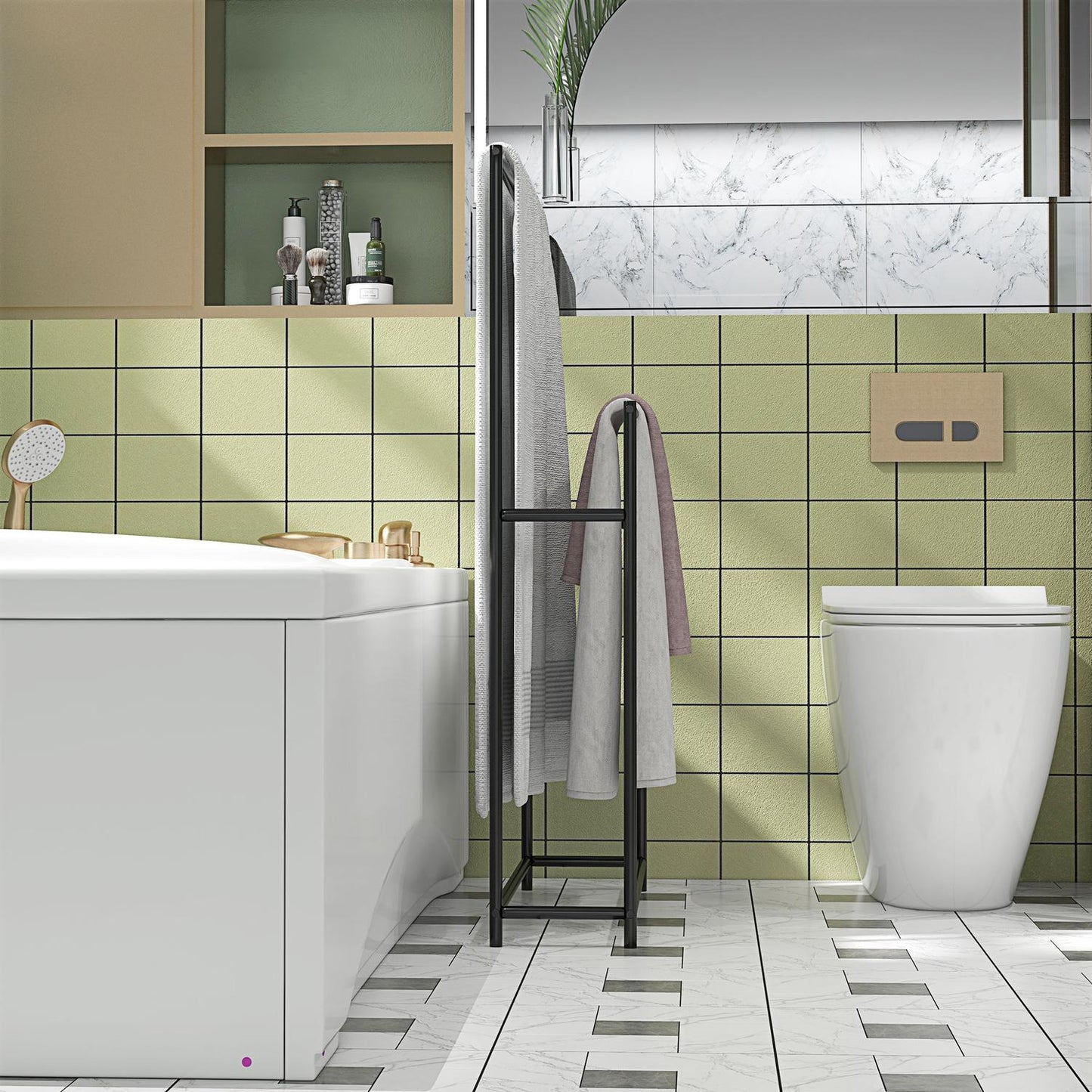 Freestanding towel rack in black metal, 2 rails, bathroom