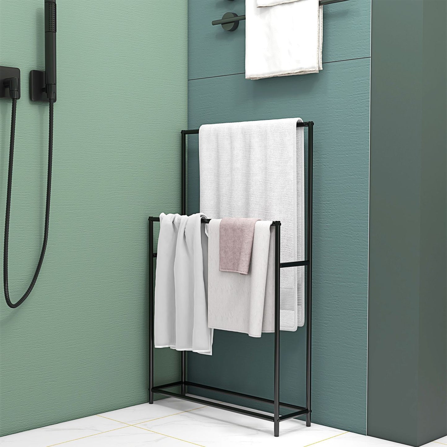 Freestanding towel rack in black metal, 2 rails, bathroom