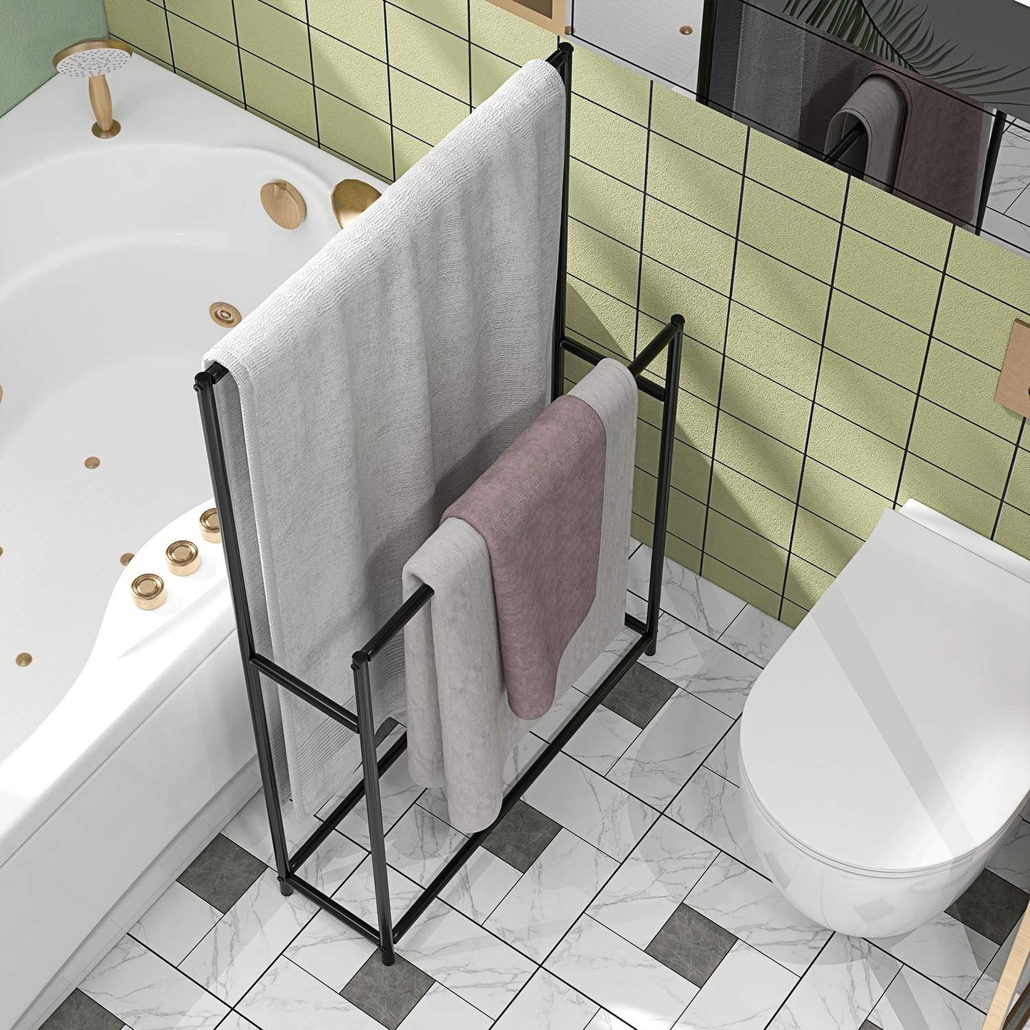Freestanding towel rack in black metal, 2 rails, bathroom