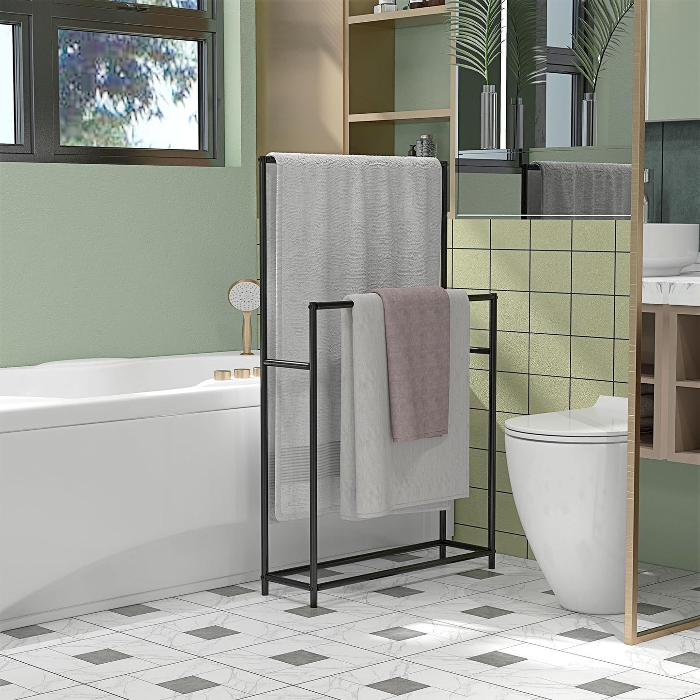 Freestanding towel rack in black metal, 2 rails, bathroom