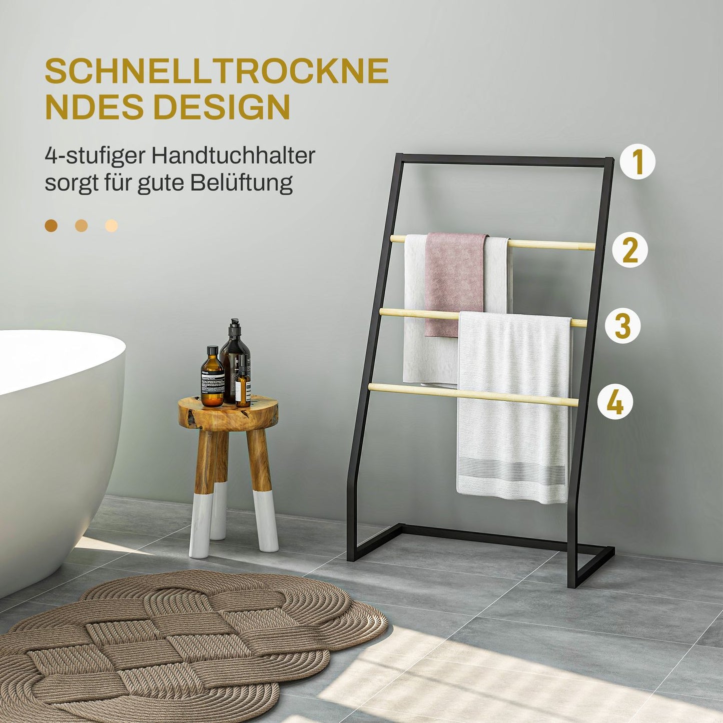 Freestanding towel rack in black steel with 3 rails