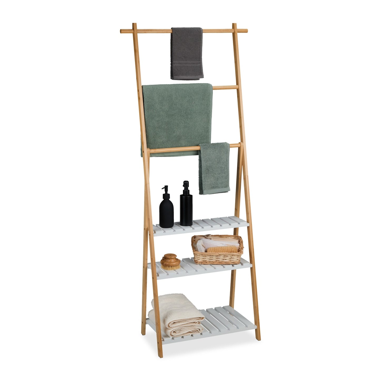 Towel Rack with 3 Bars and Shelves, Bamboo