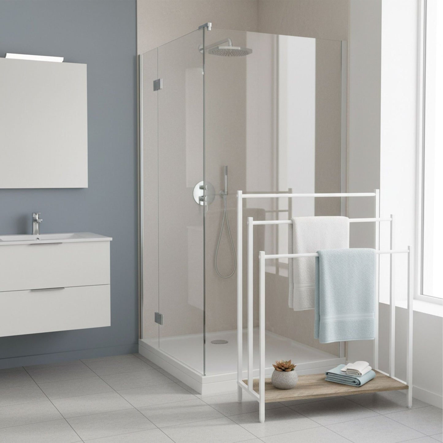 Towel Rack with Shelf – Freestanding, Metal Frame