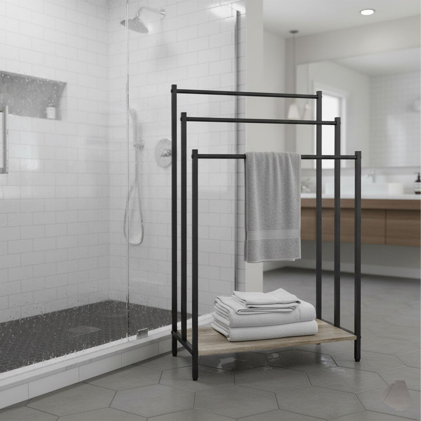 Towel Rack with Shelf, Freestanding Metal Frame