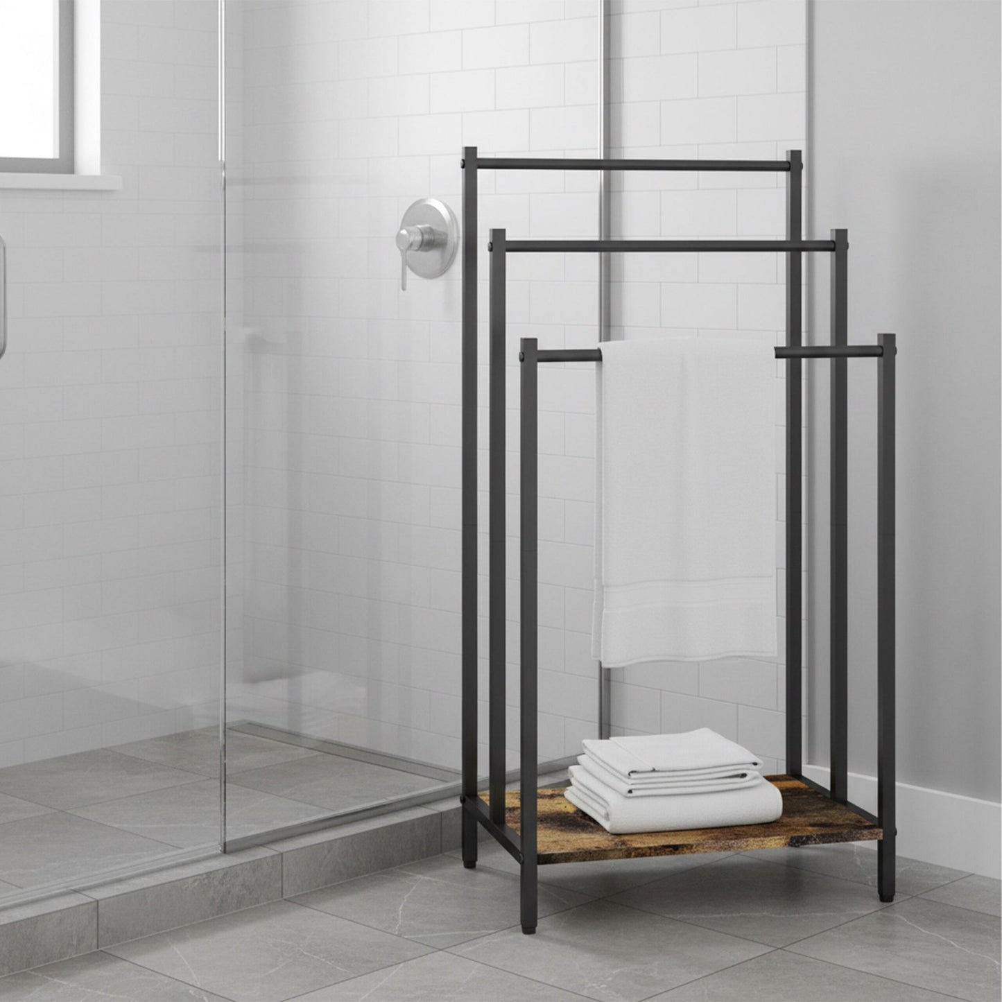 Towel Rack with Shelf – Freestanding, Metal Frame
