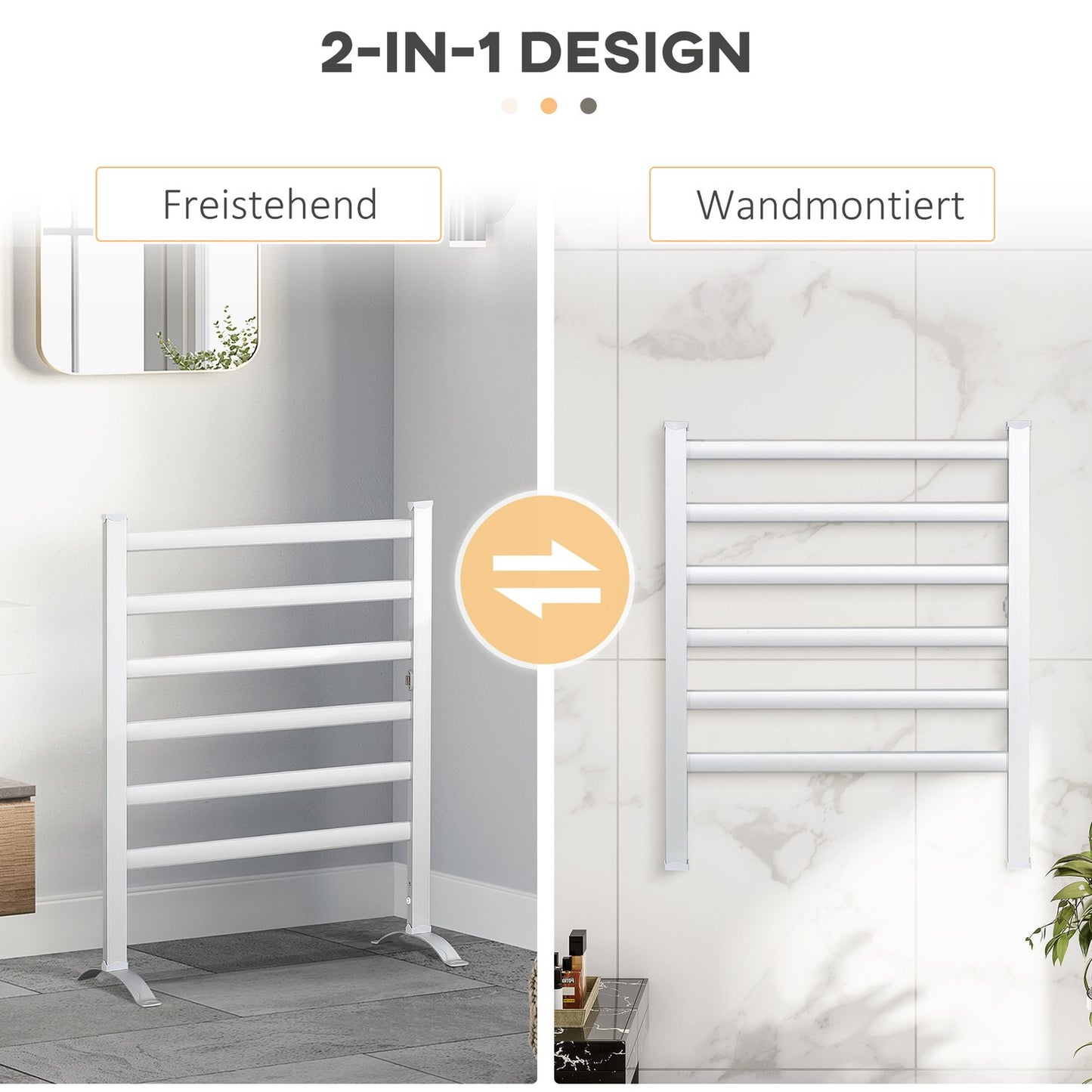 Electric towel rail, 6 rods, white aluminium, bathroom