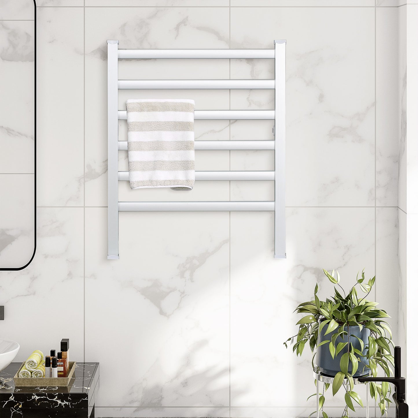 Electric towel rail, 6 rods, white aluminium, bathroom