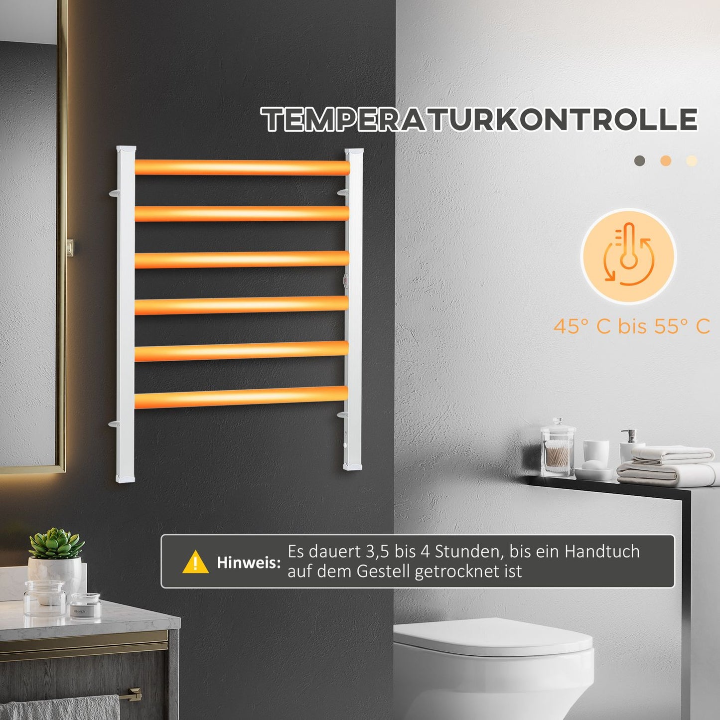 Electric towel rail, 6 rods, white aluminium, bathroom