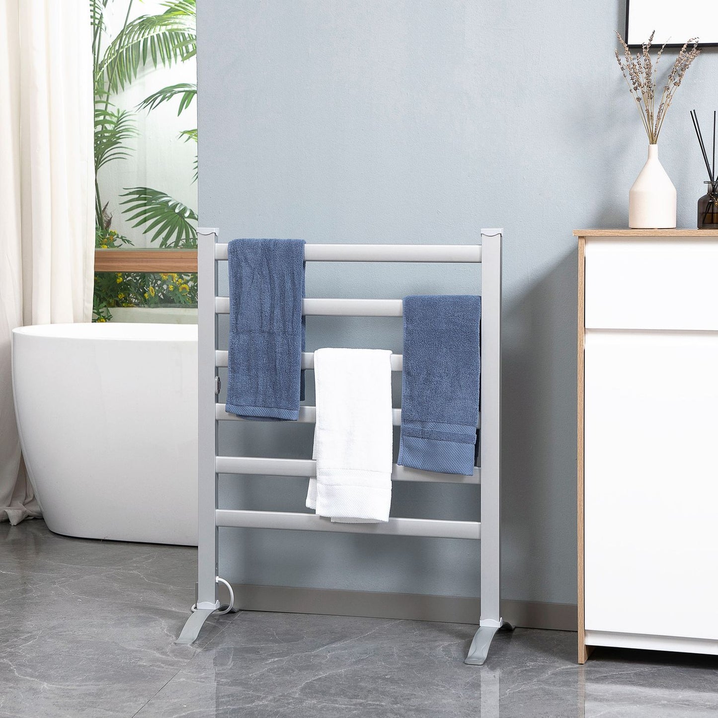 Electric towel rail, 6 rods, white aluminium, bathroom