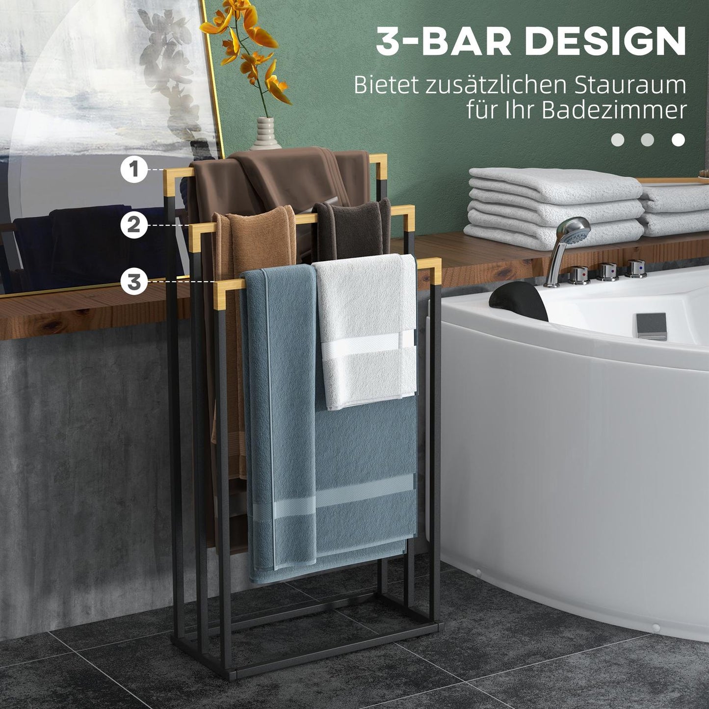 Black 3-bar towel rack - steel and bamboo holder