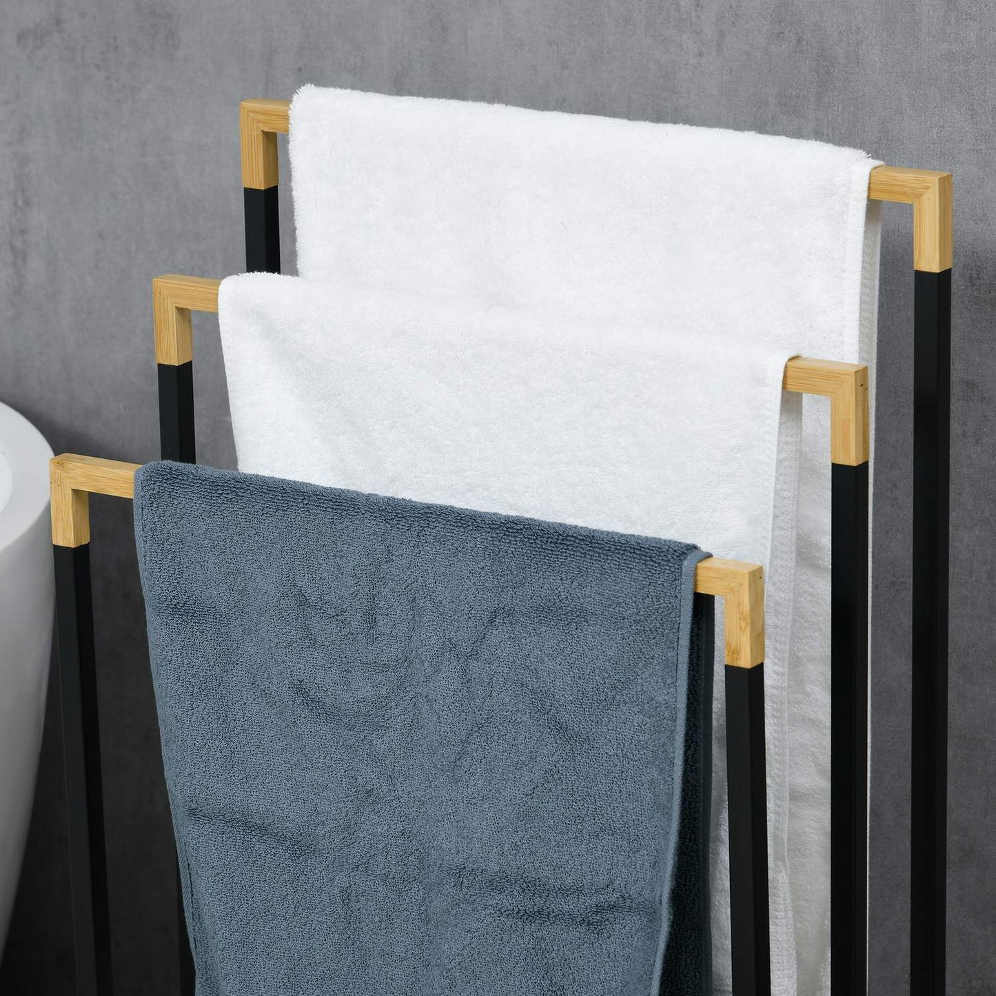 Black 3-bar towel rack - steel and bamboo holder