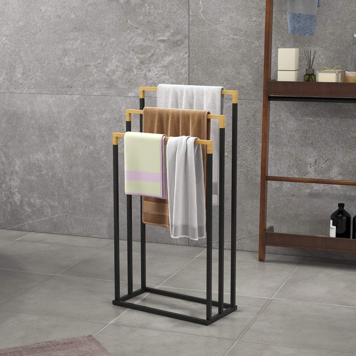 Black 3-bar towel rack - steel and bamboo holder
