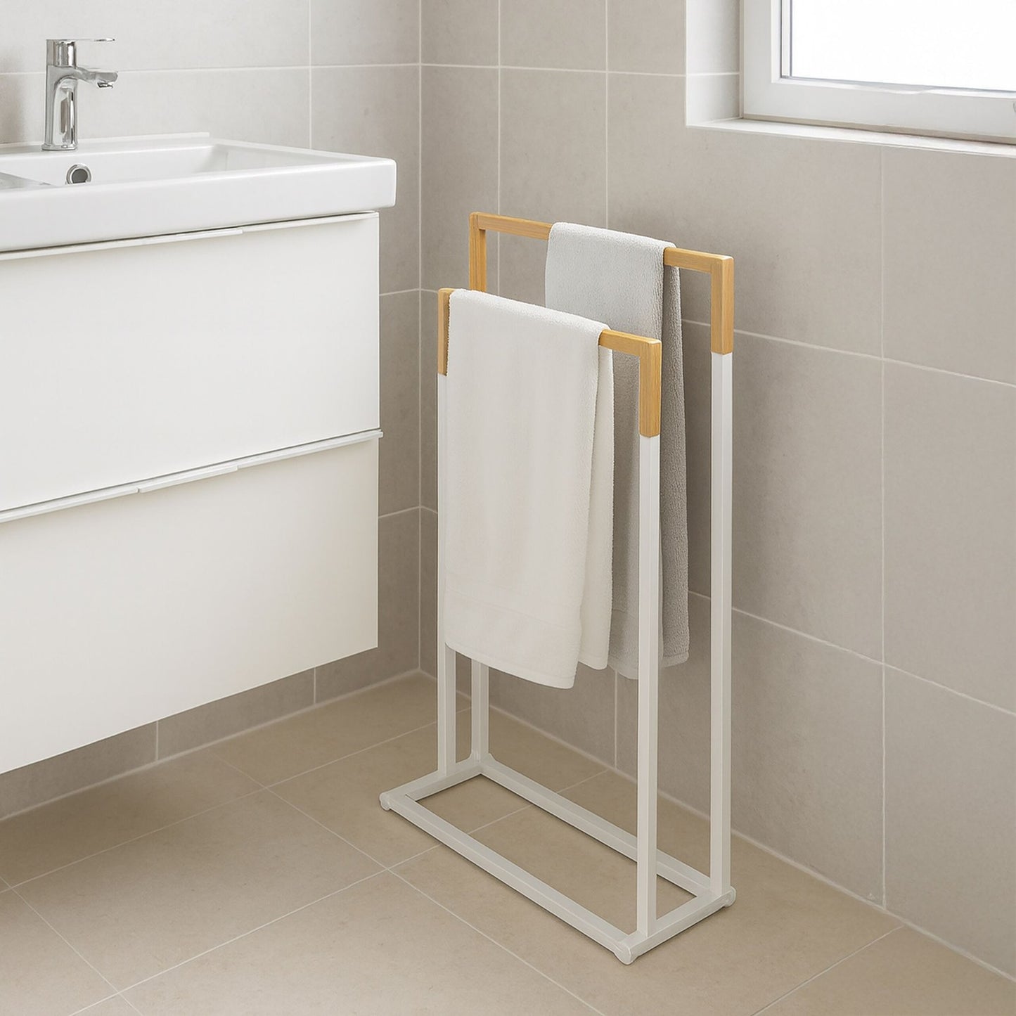Towel Stand with 2 Bars – Metal & Bamboo