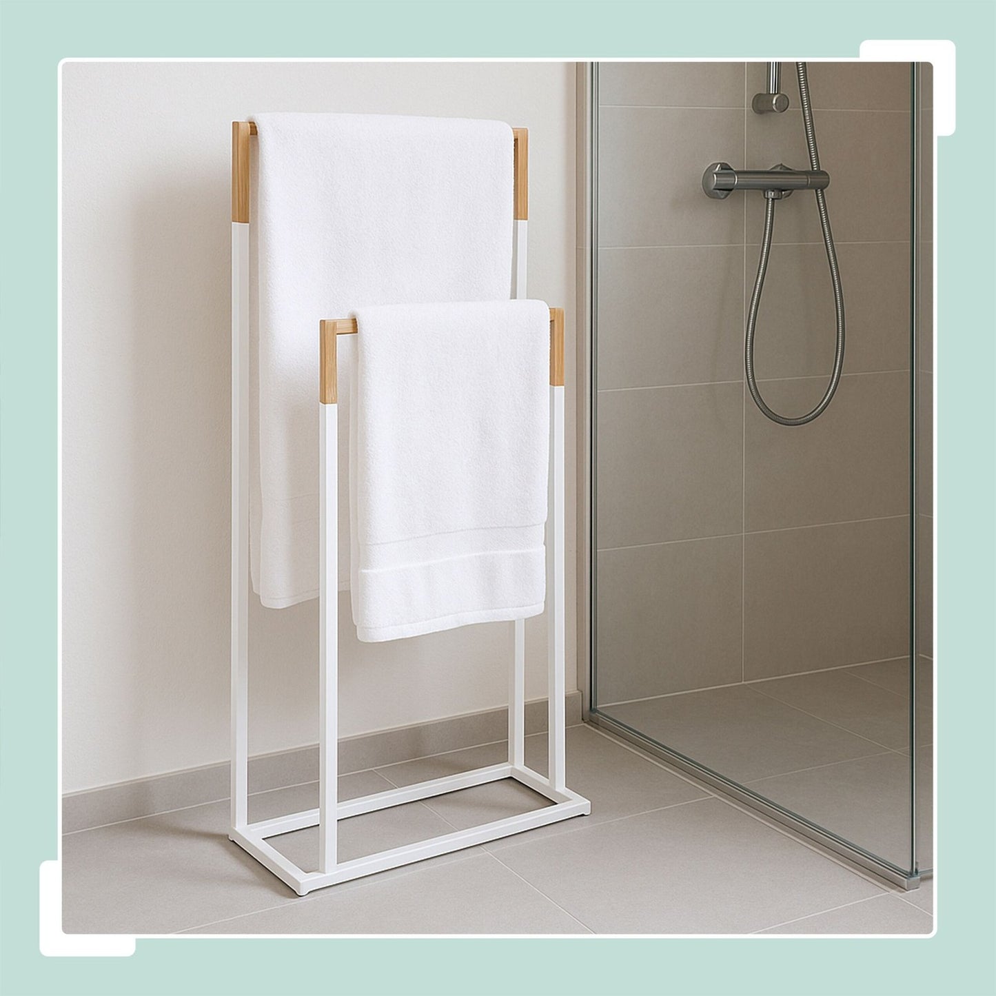 Towel Stand with 2 Bars – Metal & Bamboo
