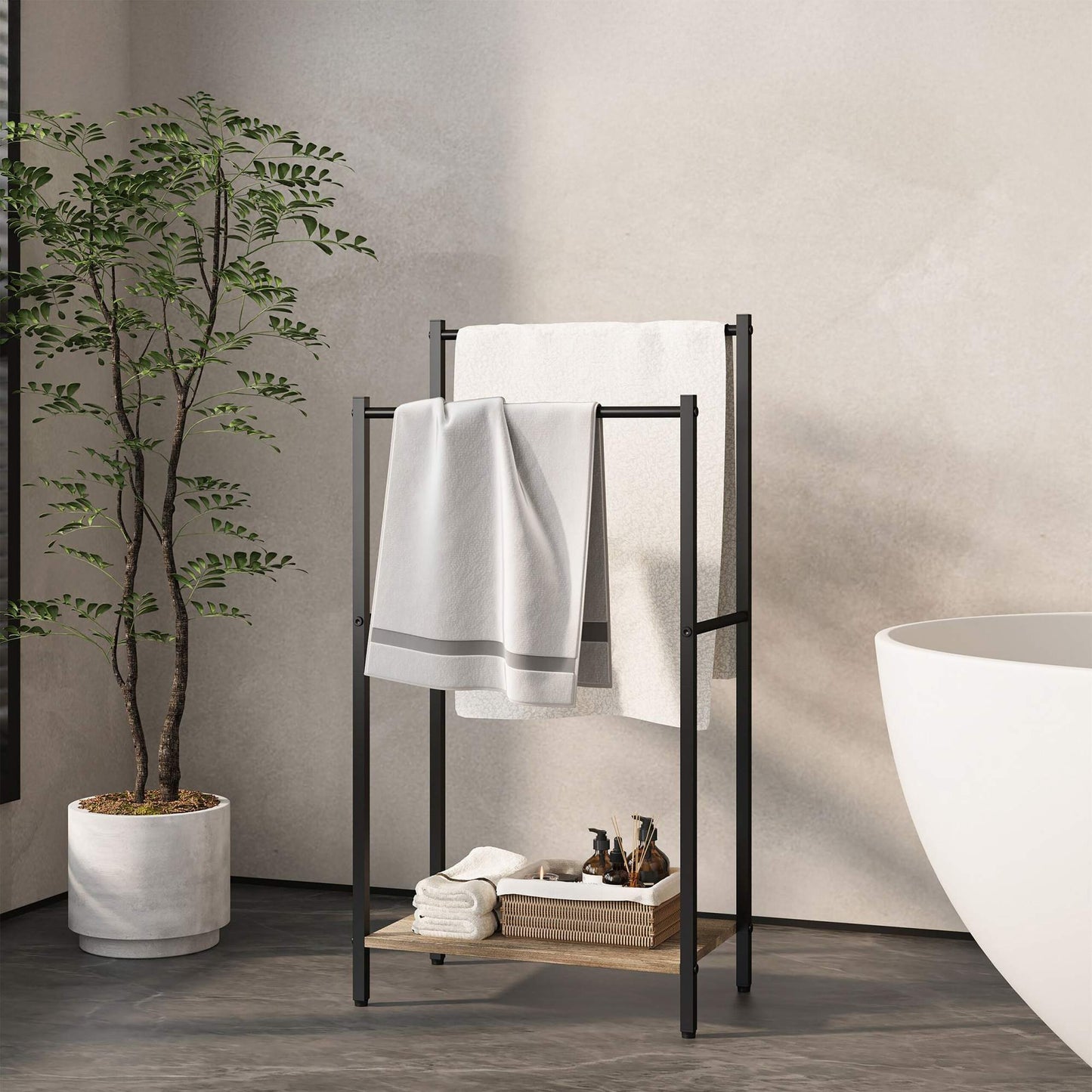 Towel Stand with Shelf – Metal Frame, Wood-Effect Finish