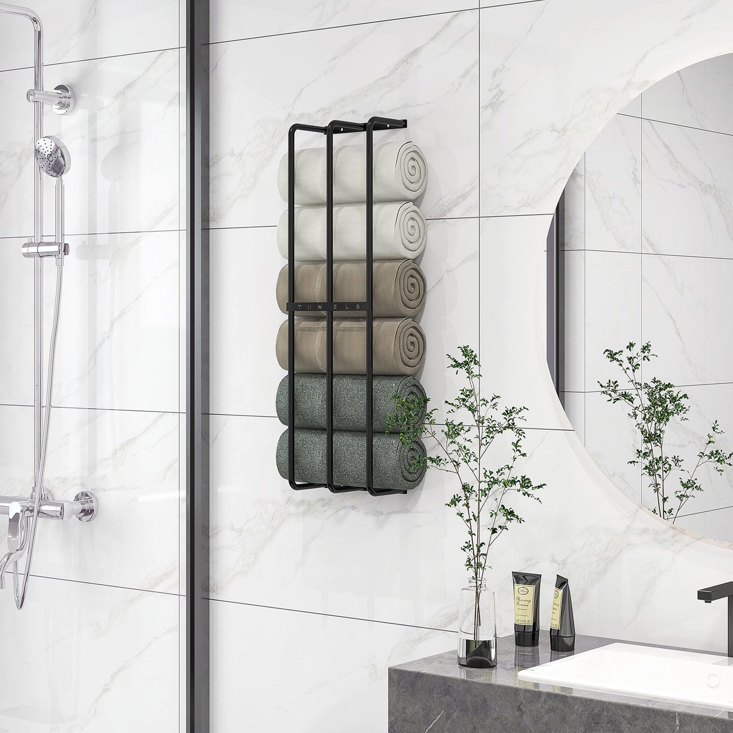 Wall-mounted metal towel rack for 6 large bath towels