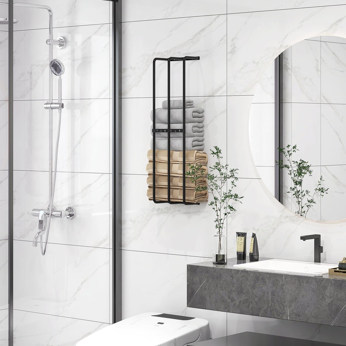 Wall-mounted metal towel rack for 6 large bath towels