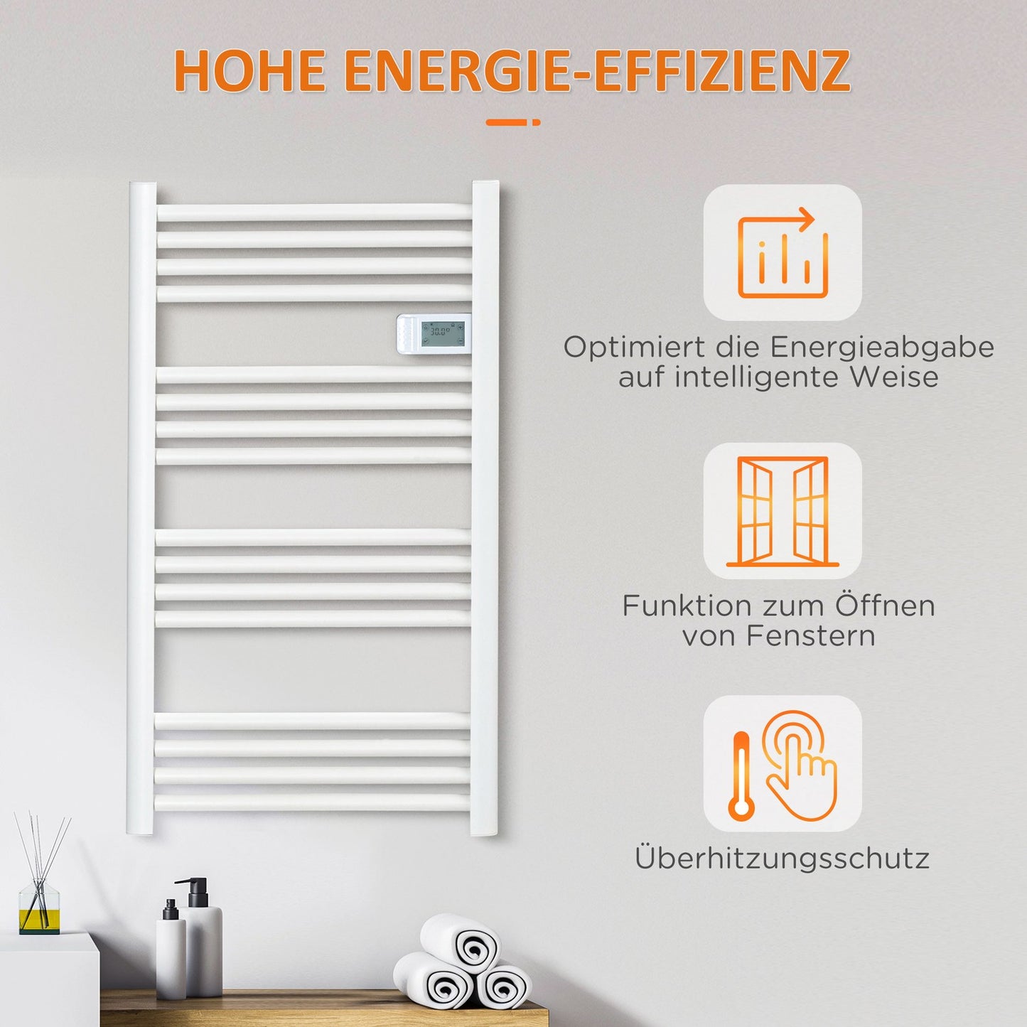 Bathroom towel rail, 540x960 mm, 16 elements, overheat protected
