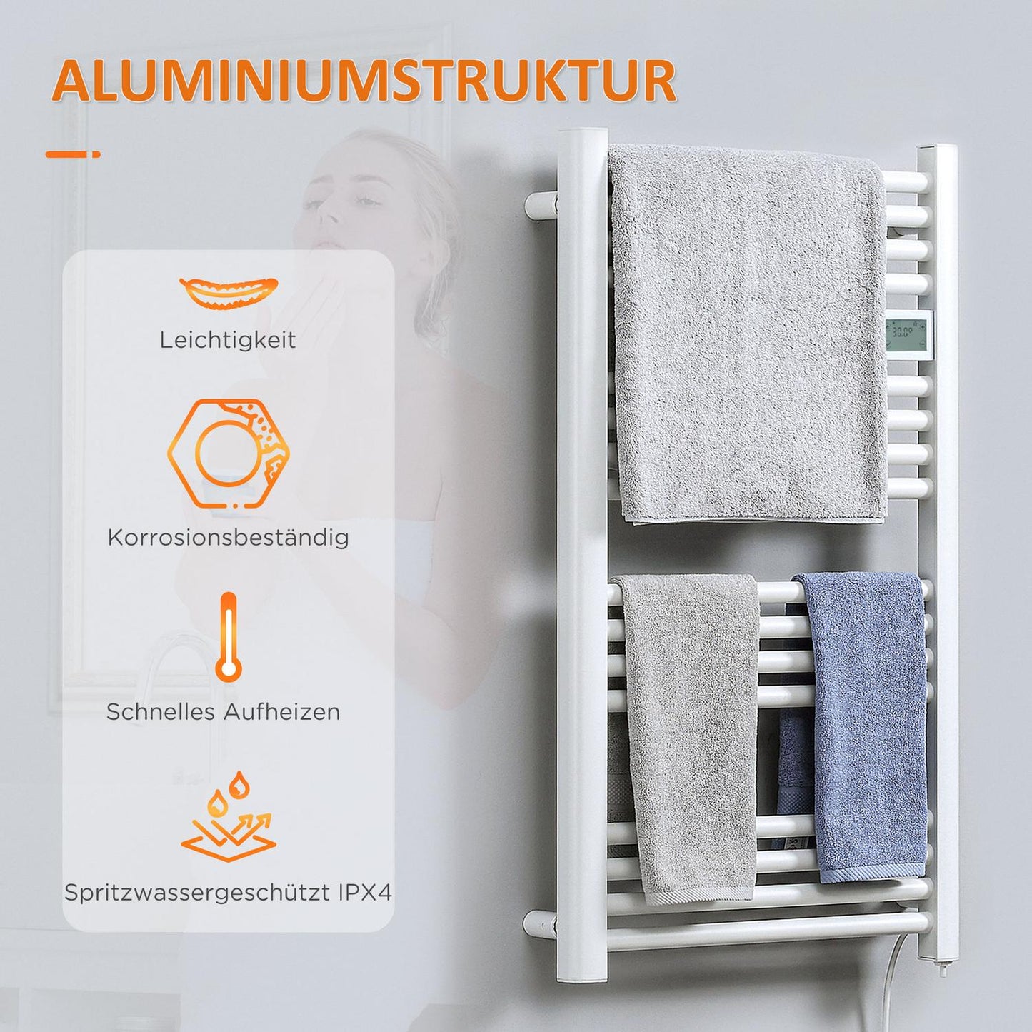 Bathroom towel rail, 540x960 mm, 16 elements, overheat protected