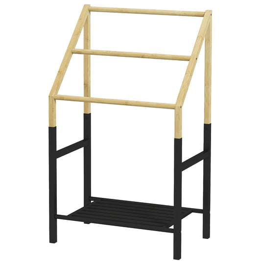 Towel rail, freestanding, 3 bars, 51x31x85.5cm, black/natural wood