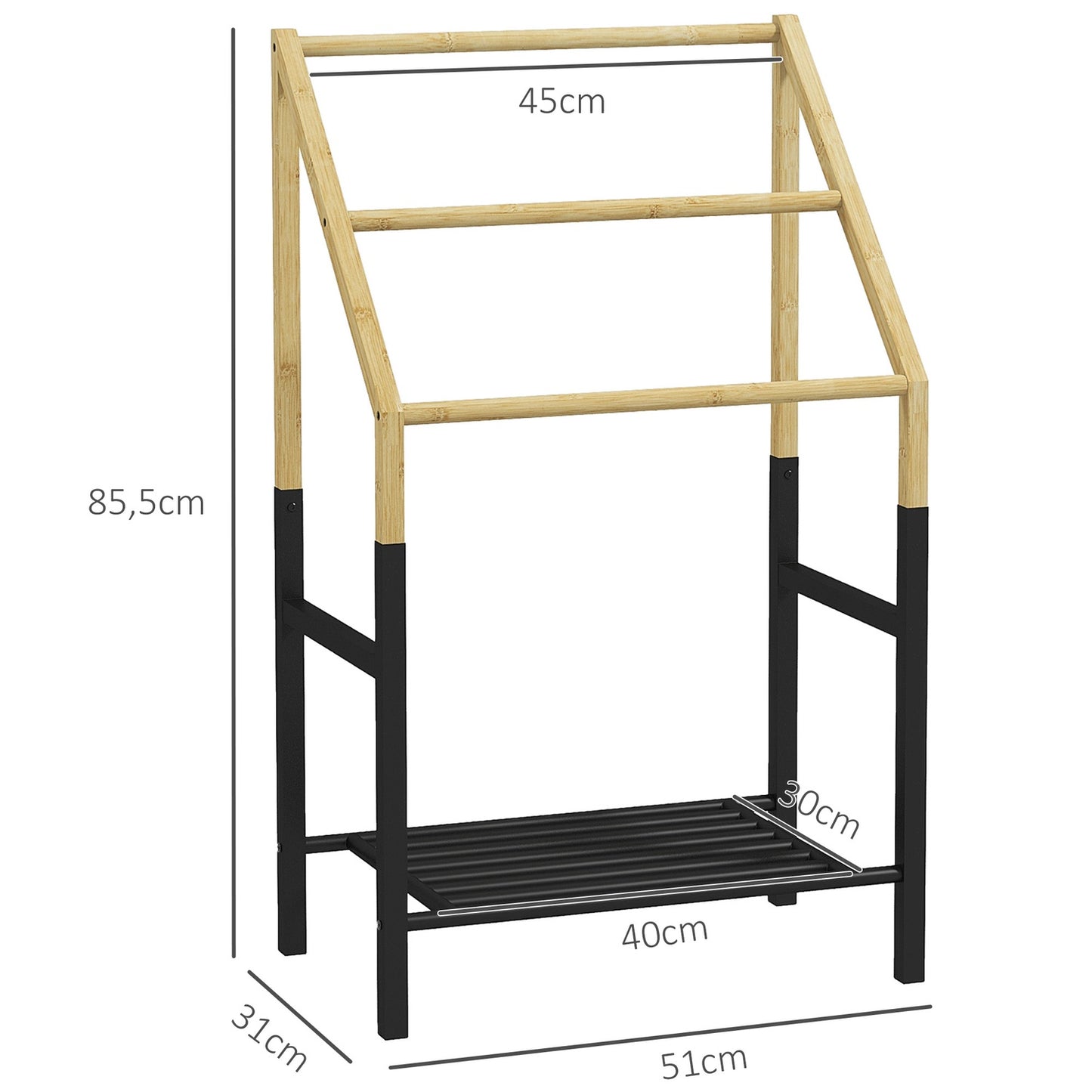 Towel rail, freestanding, 3 bars, 51x31x85.5cm, black/natural wood