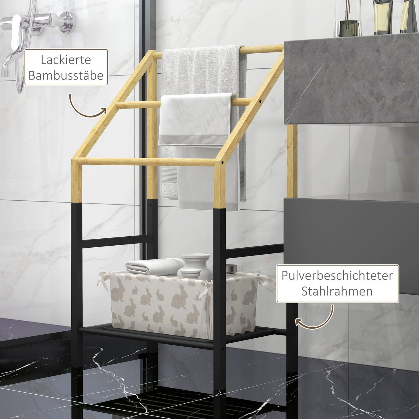 Towel rail, freestanding, 3 bars, 51x31x85.5cm, black/natural wood