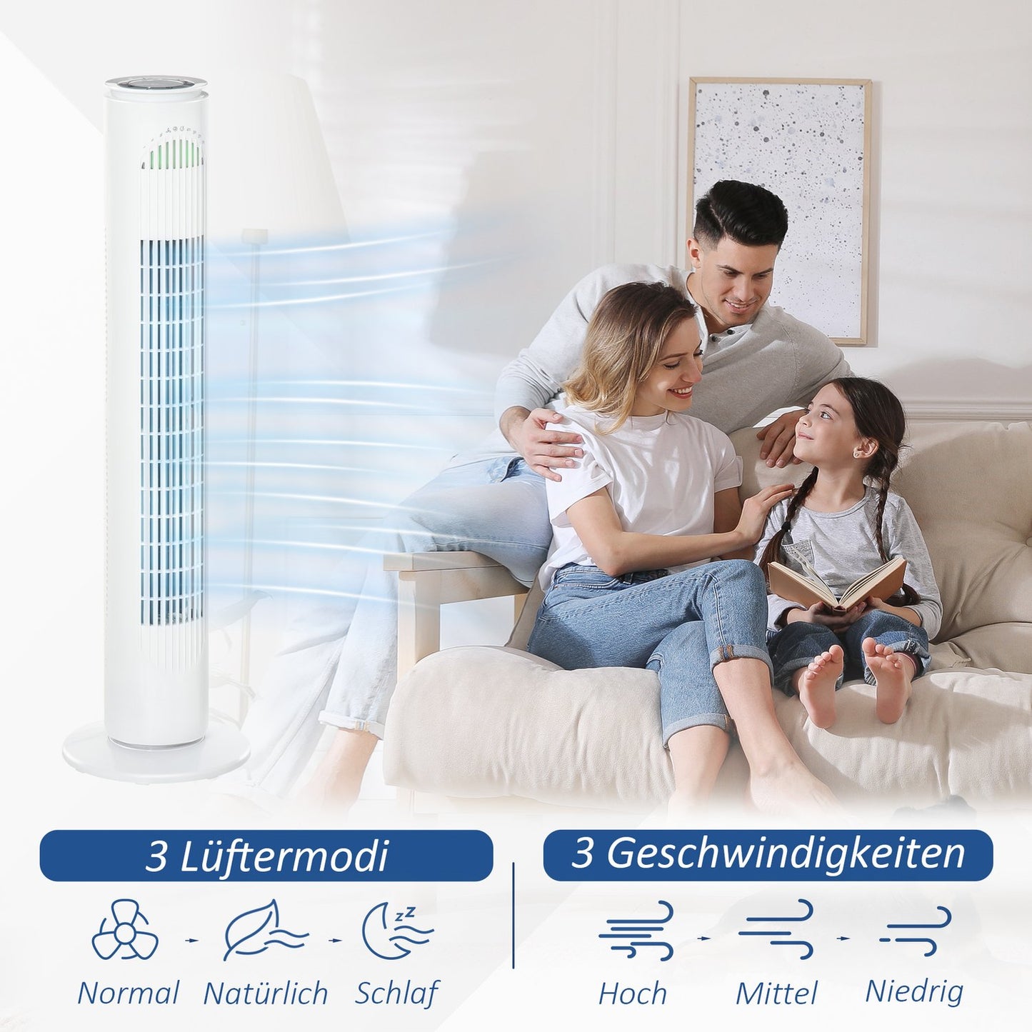 Tower fan with 70° oscillation, 77 cm, 45W, 3 speeds