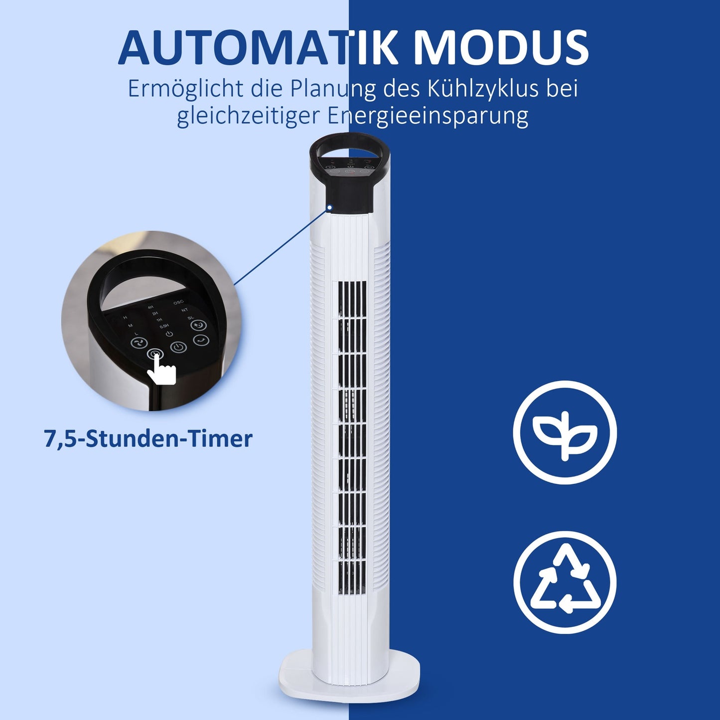 Tower fan with 70° oscillation, 78.5 cm, 50W power, 3 speeds, white
