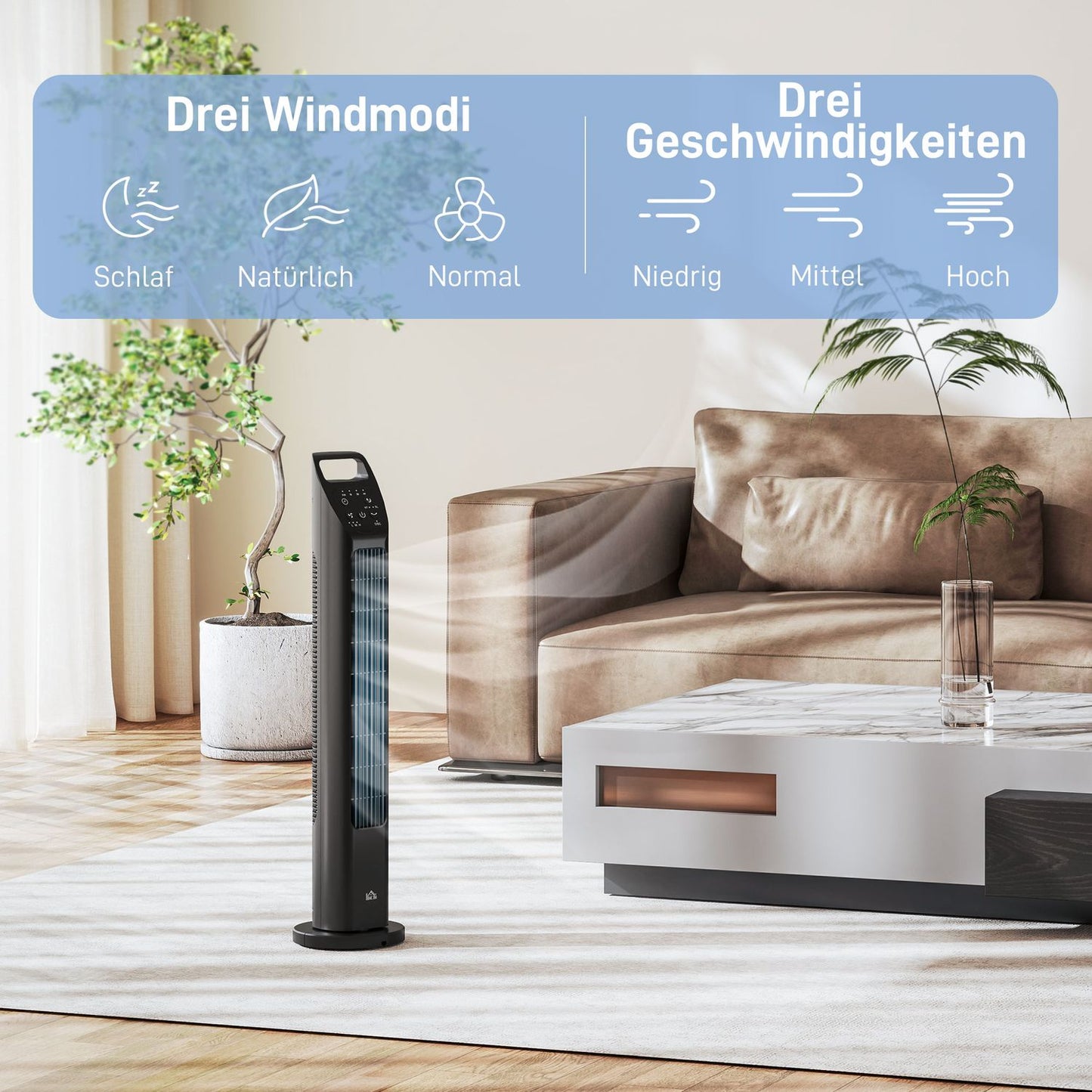 Tower fan with remote control, 3 modes and timer, black