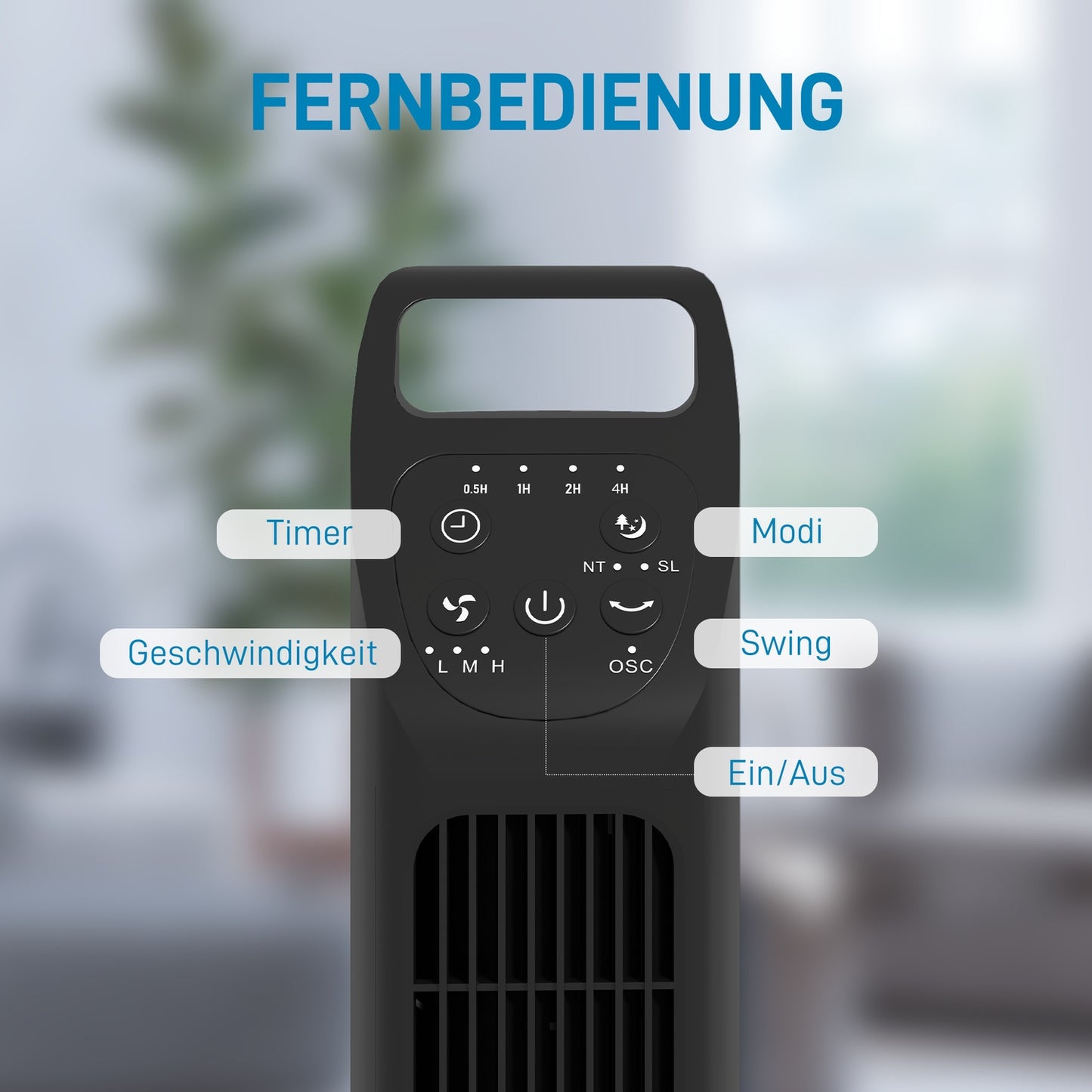 Tower fan with remote control, 3 modes and timer, black