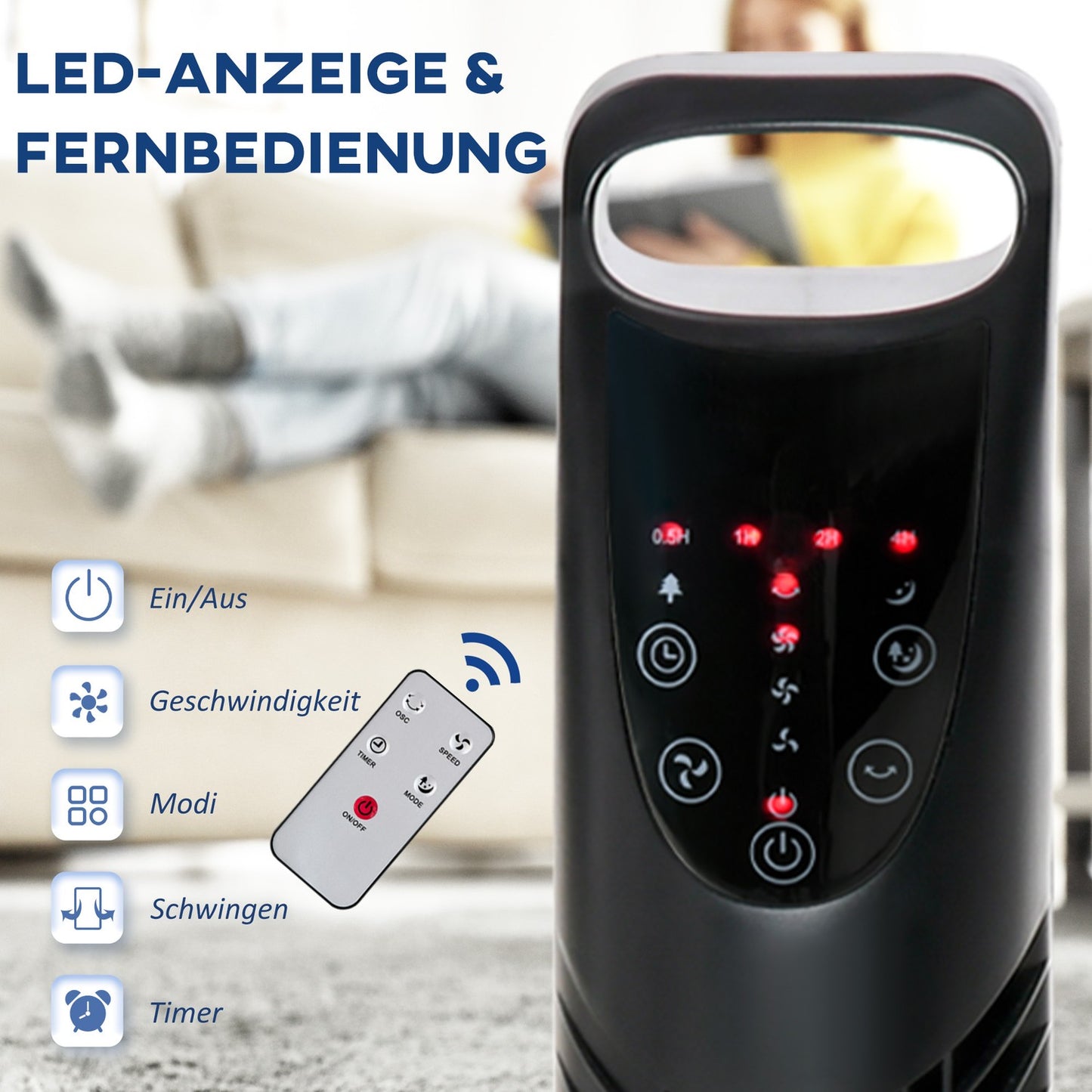 Silent Tower Fan - 3 Speeds, Remote Control, Oscillating, Black