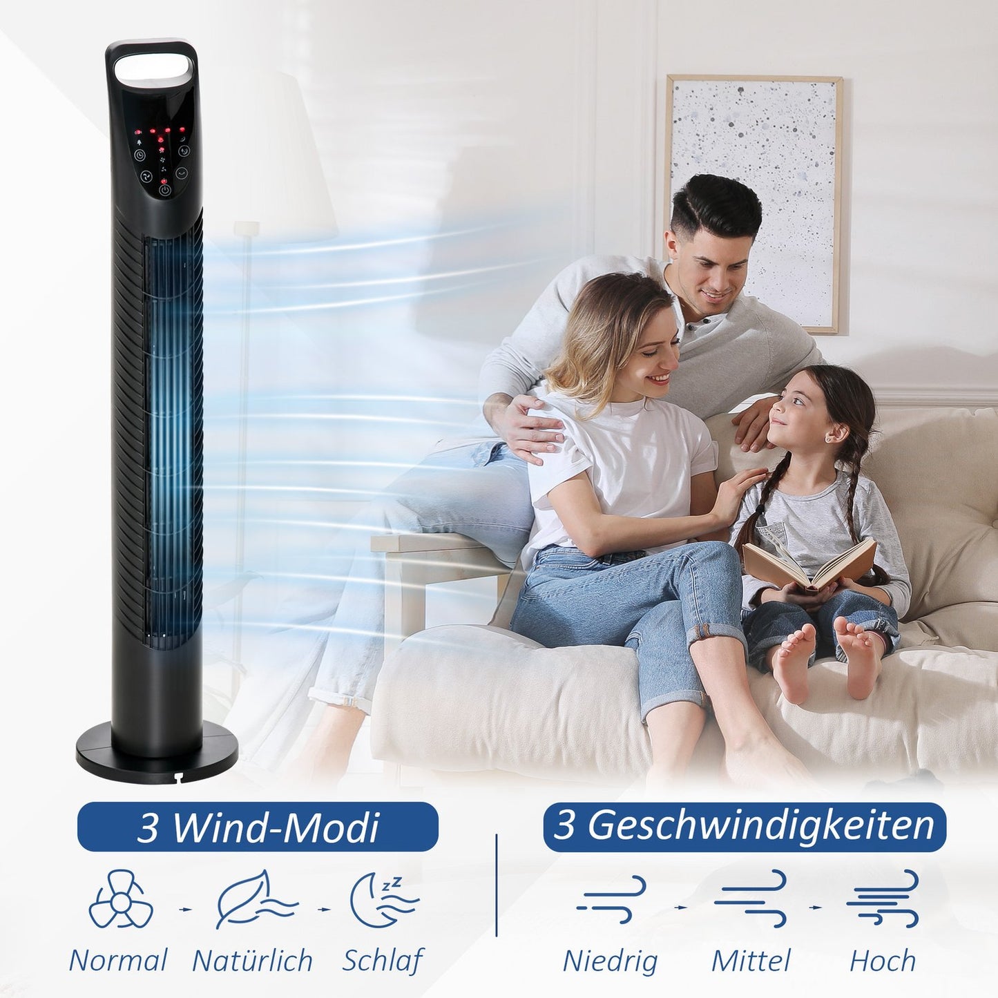 Silent Tower Fan - 3 Speeds, Remote Control, Oscillating, Black