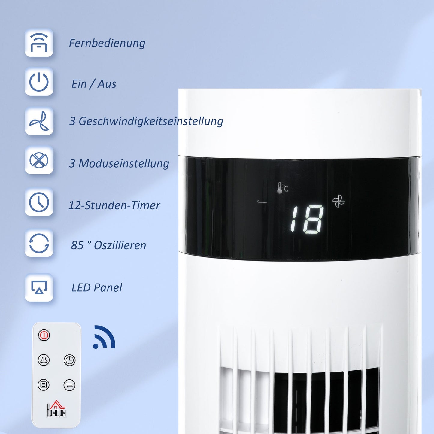 Tower fan with remote control, 85° oscillation, 3 speeds, white