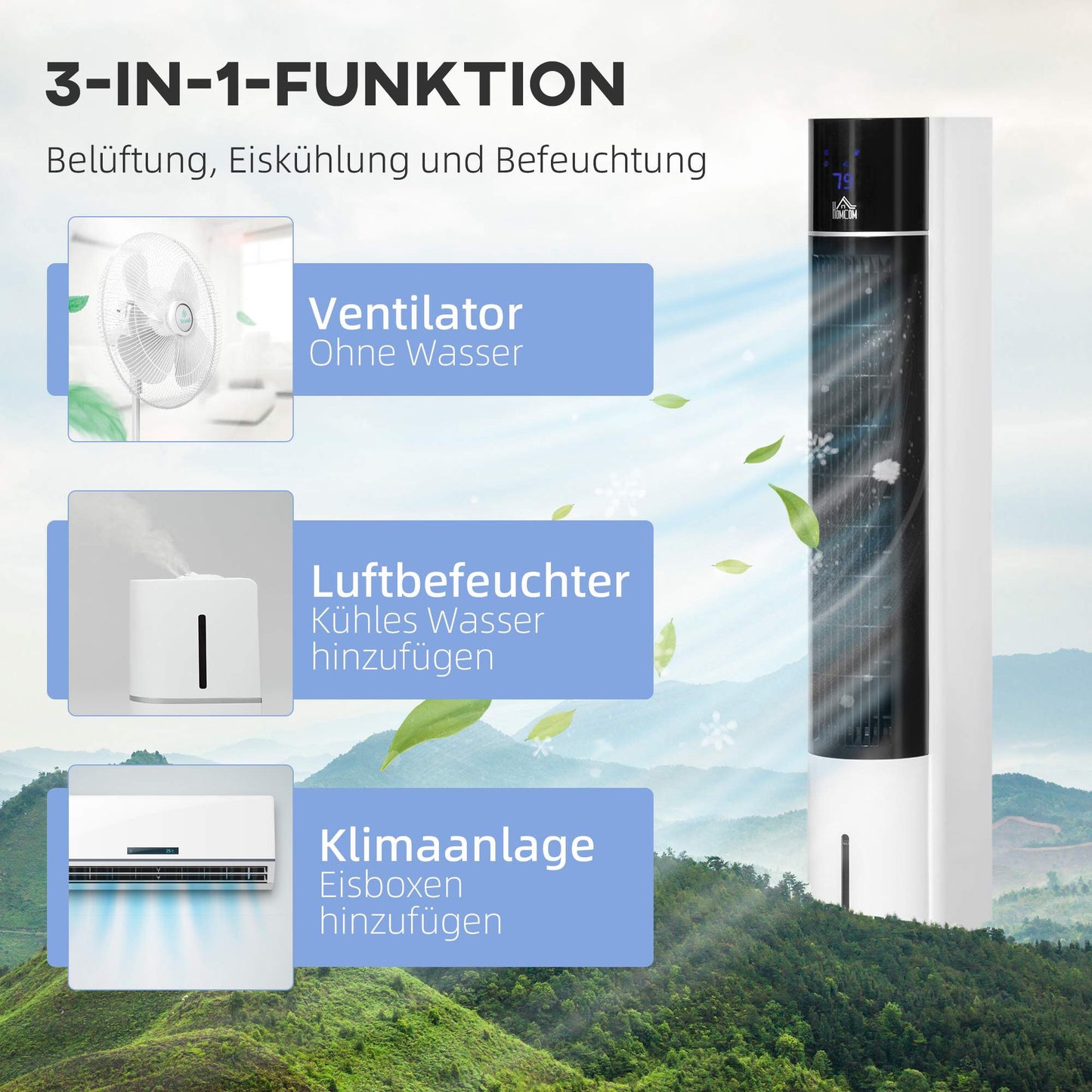 Tower Fan with Humidifier and Remote, 3 Modes, Timer