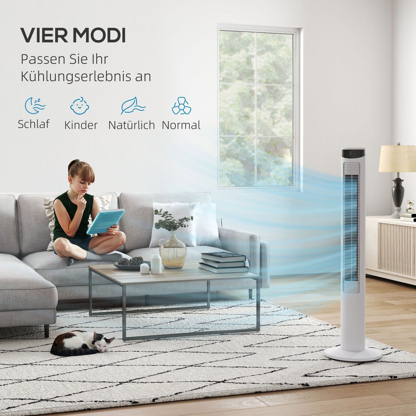 Tower fan - 3 speeds, remote control, timer, 70° oscillation, white