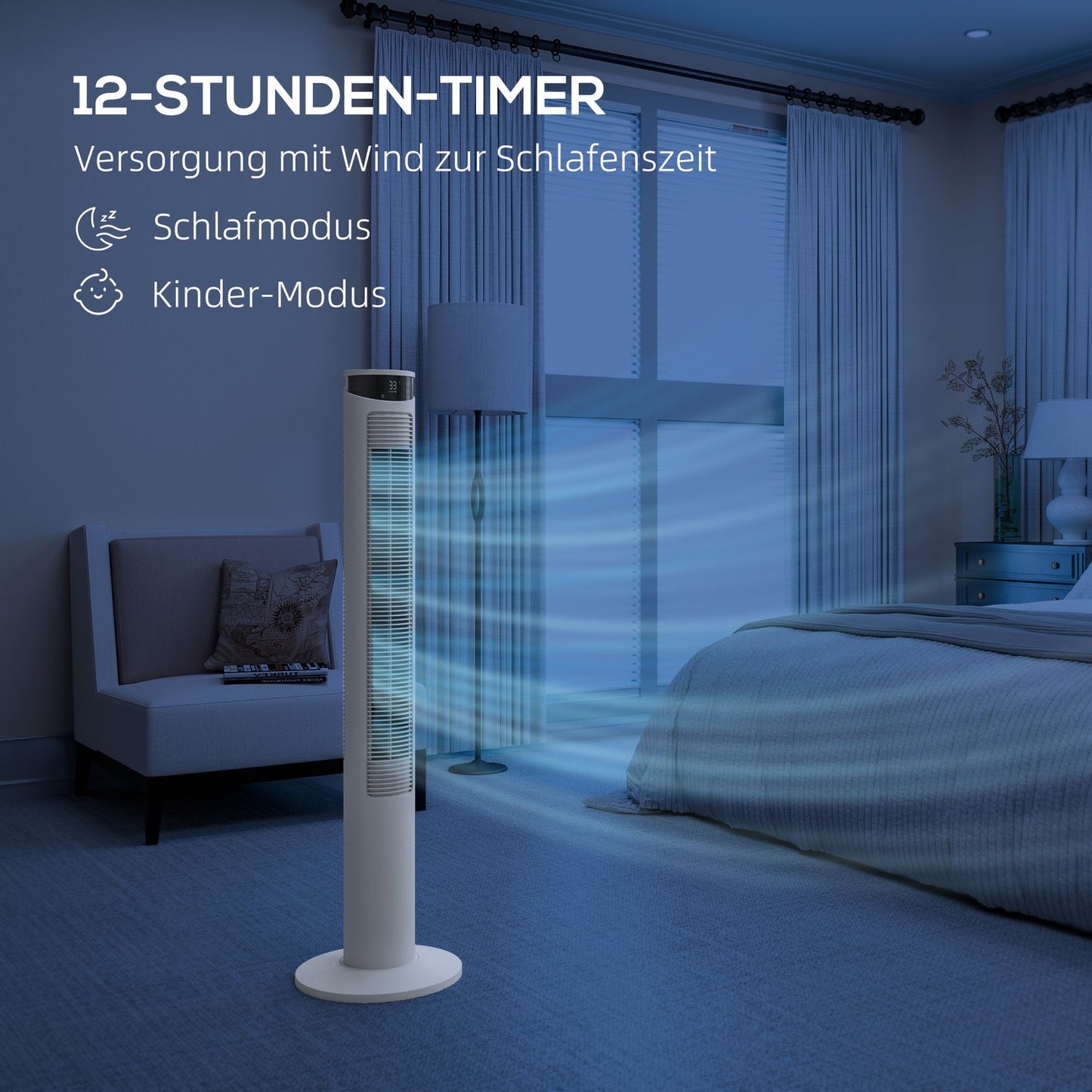 Tower fan - 3 speeds, remote control, timer, 70° oscillation, white