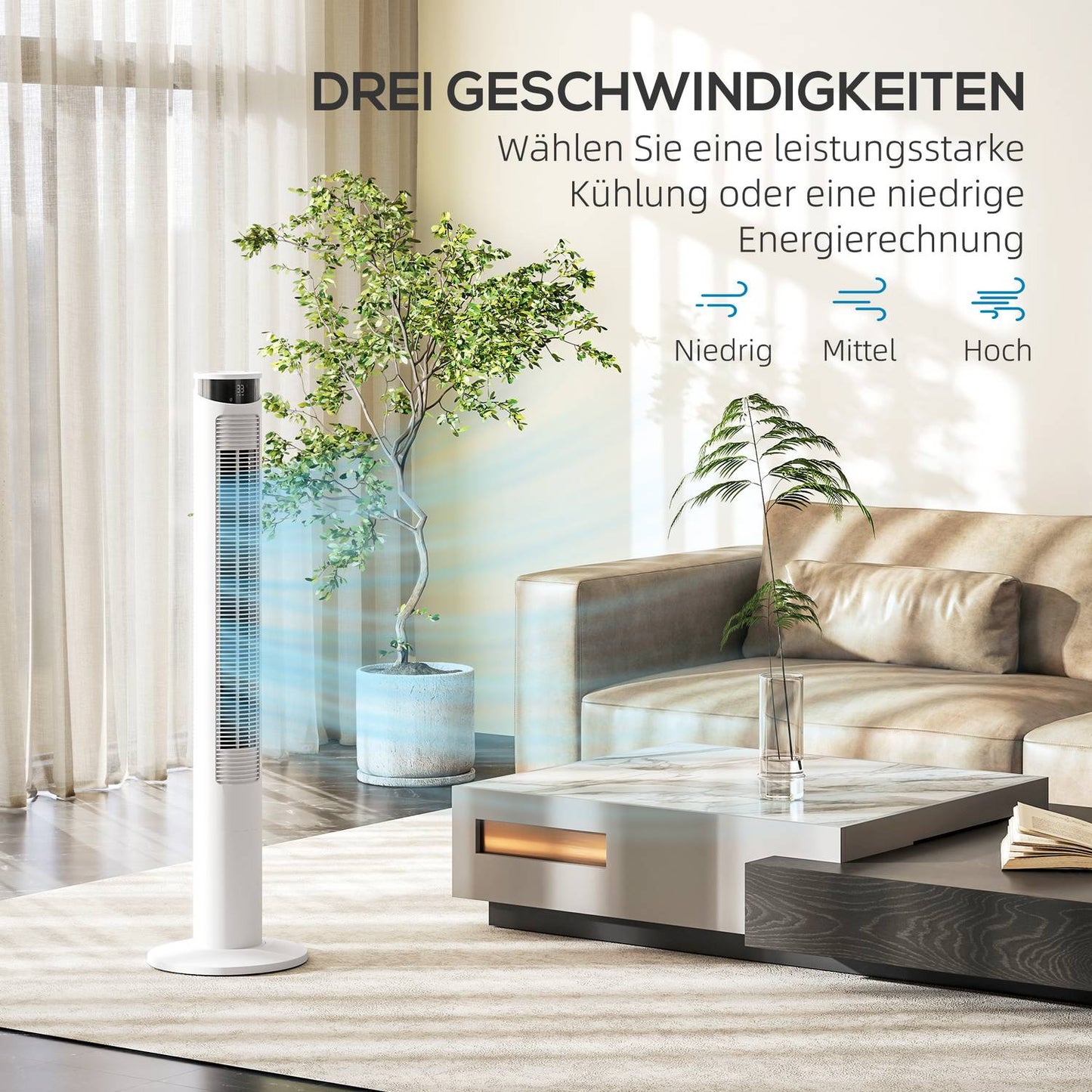 Tower fan - 3 speeds, remote control, timer, 70° oscillation, white