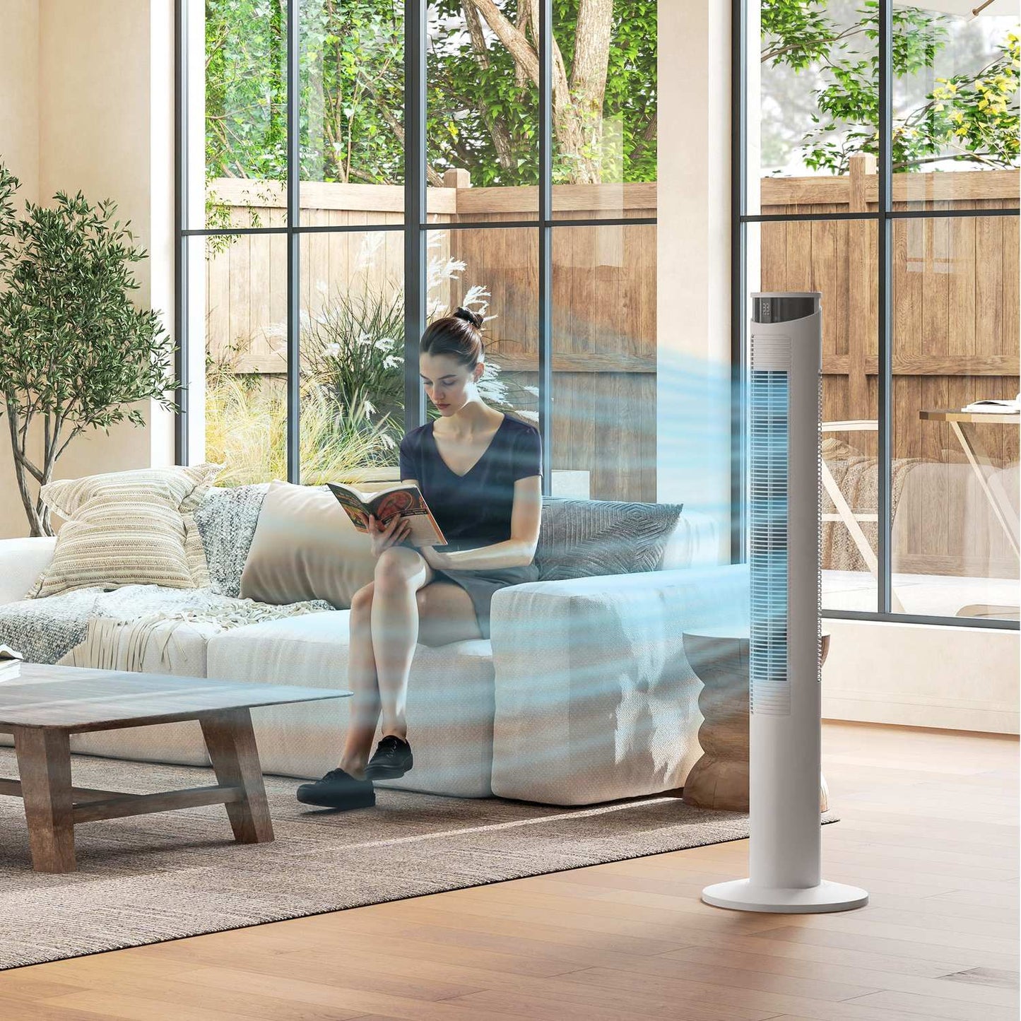 Tower fan - 3 speeds, remote control, timer, 70° oscillation, white
