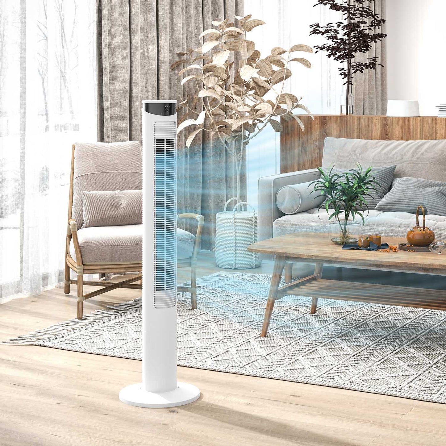 Tower fan - 3 speeds, remote control, timer, 70° oscillation, white