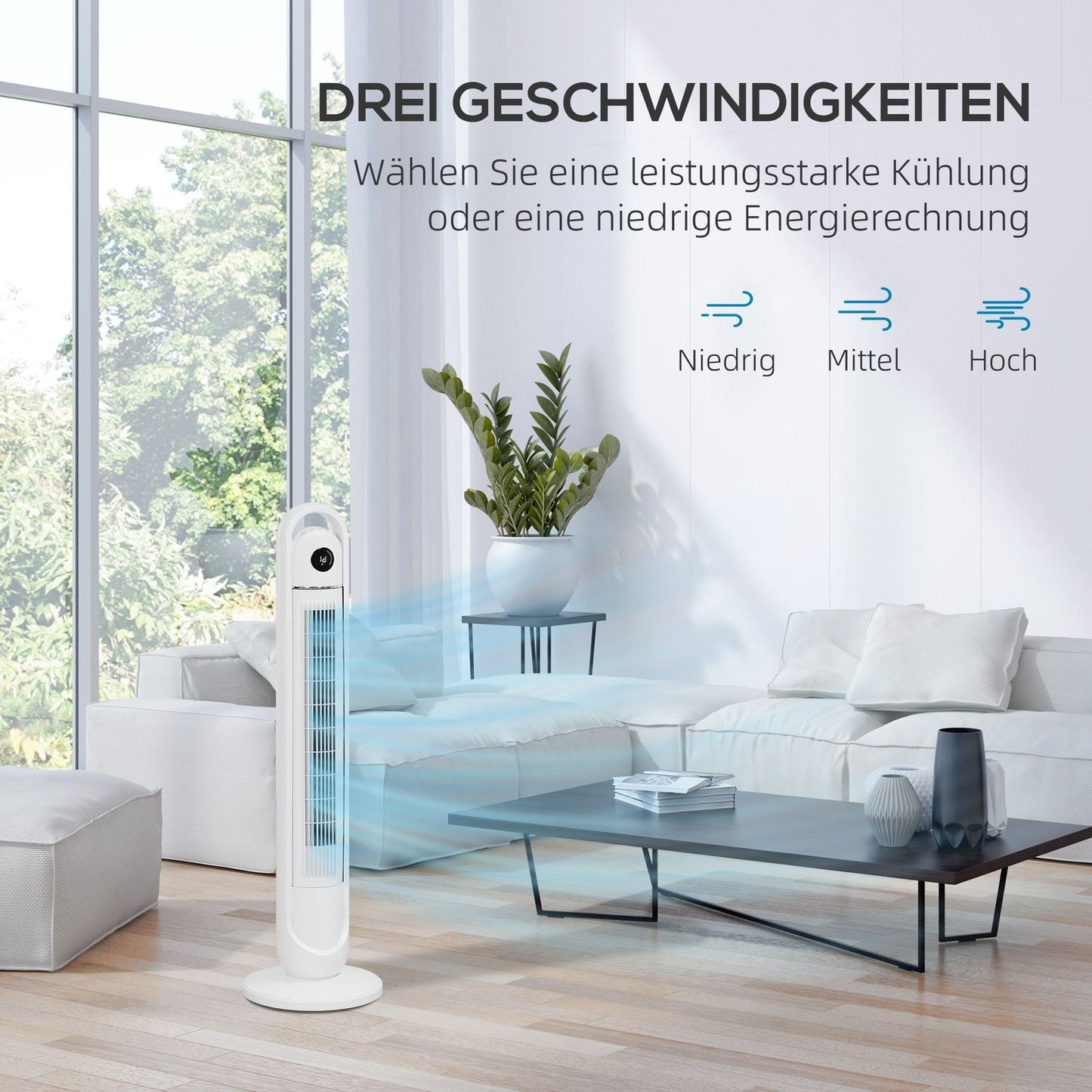 Tower fan with remote control, 3 speeds, 24H timer, LCD screen