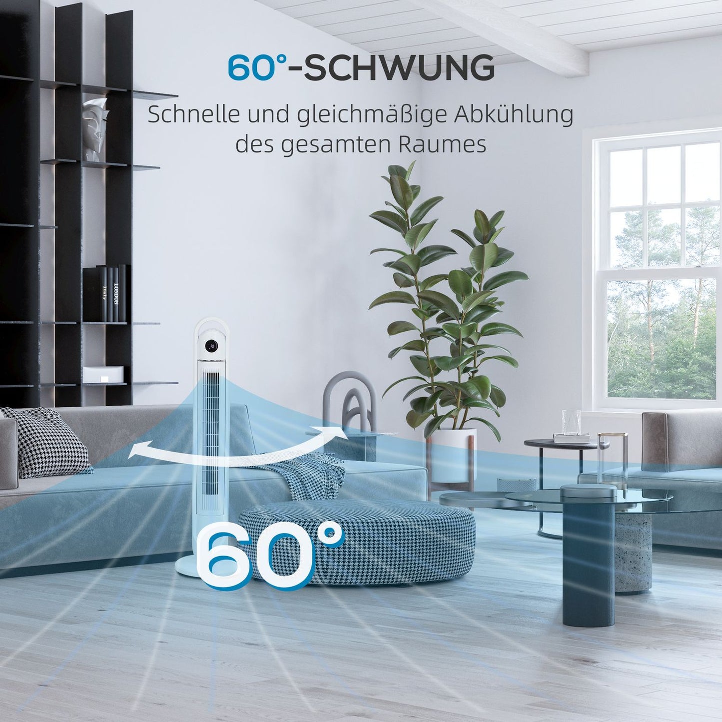 Tower fan with remote control, 3 speeds, 24H timer, LCD screen