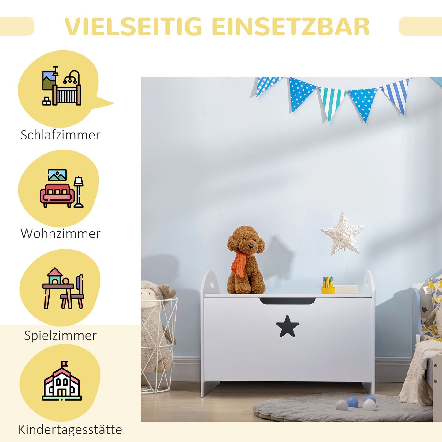 Storage box for children's toys, white MDF, safety hinge