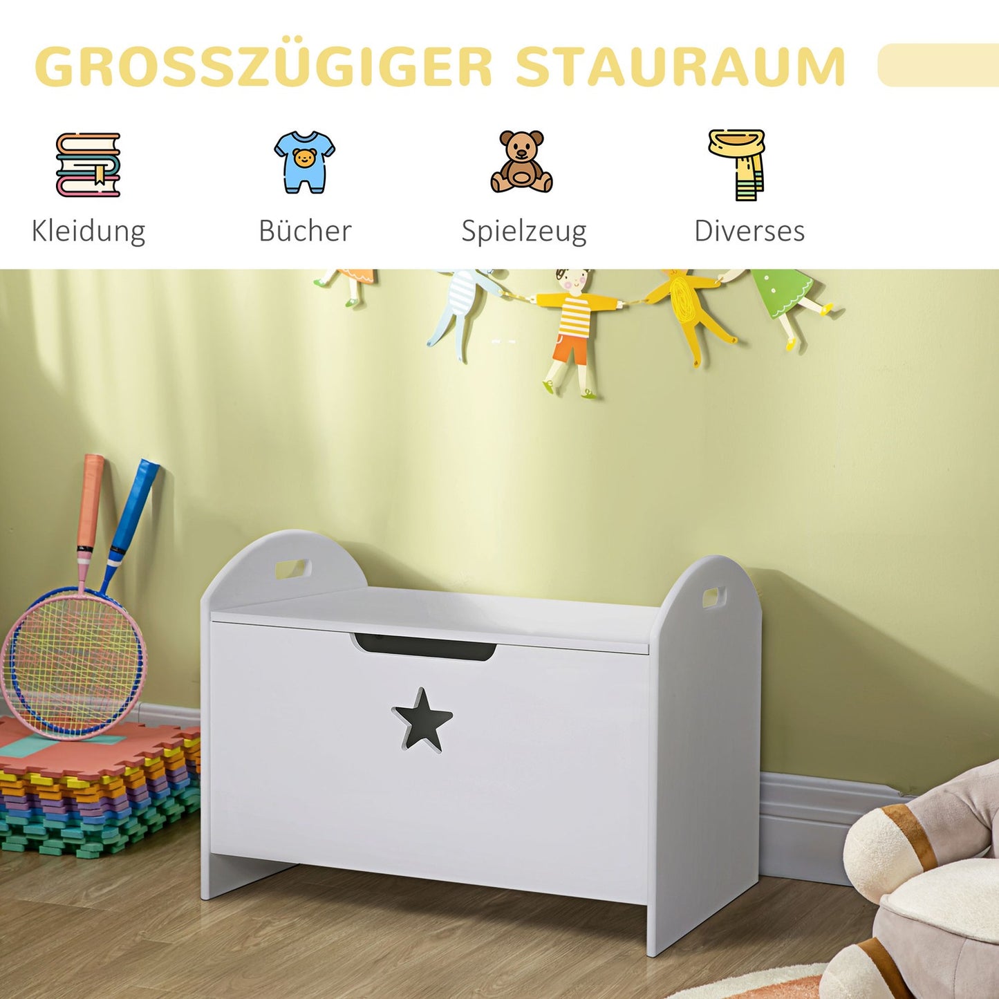 Storage box for children's toys, white MDF, safety hinge